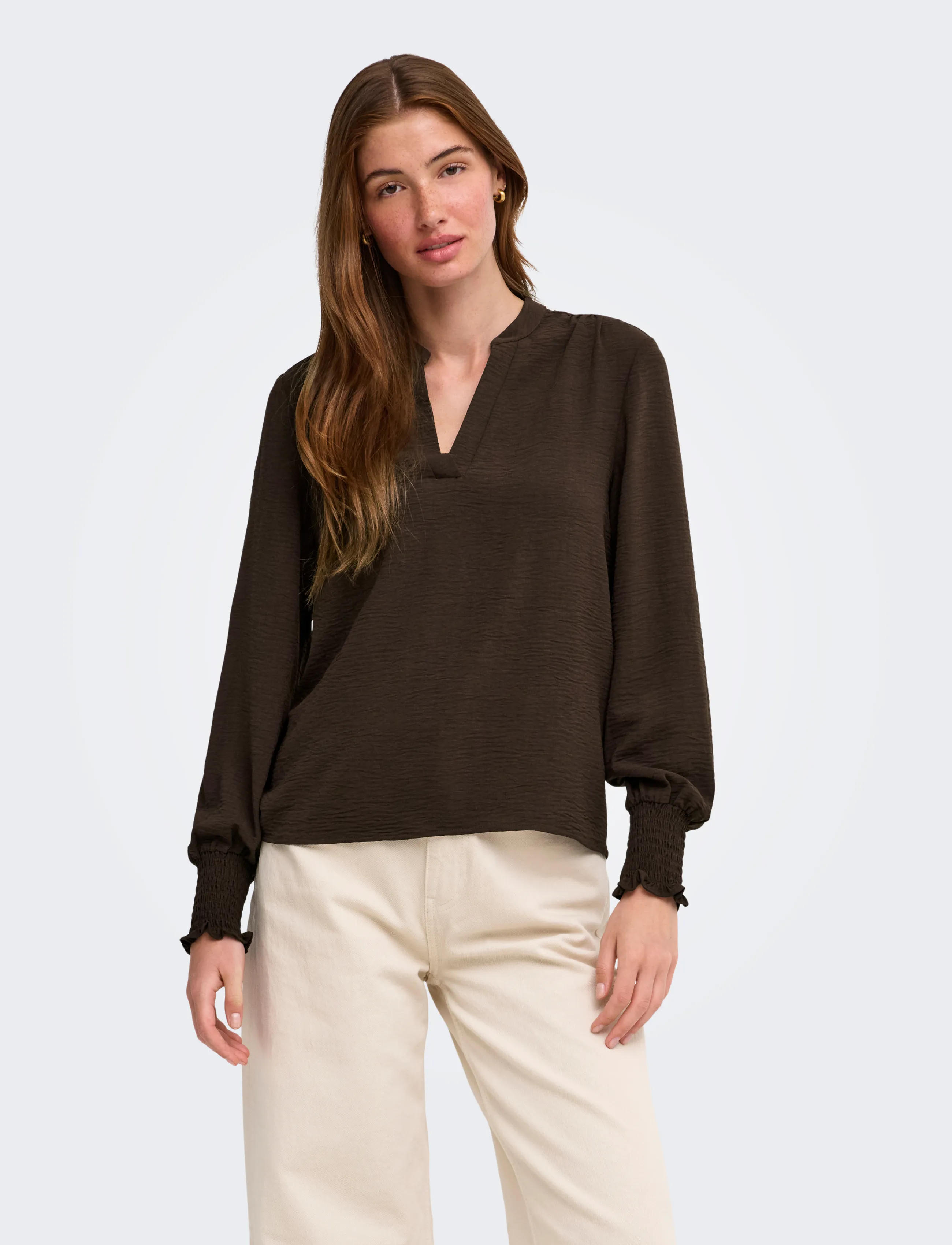 ONLY Onlmette V-Neck Ls Smock Top Noos Wvn, Kvinder, Langærmet V-Hals Smock Top, Brun, Str: S