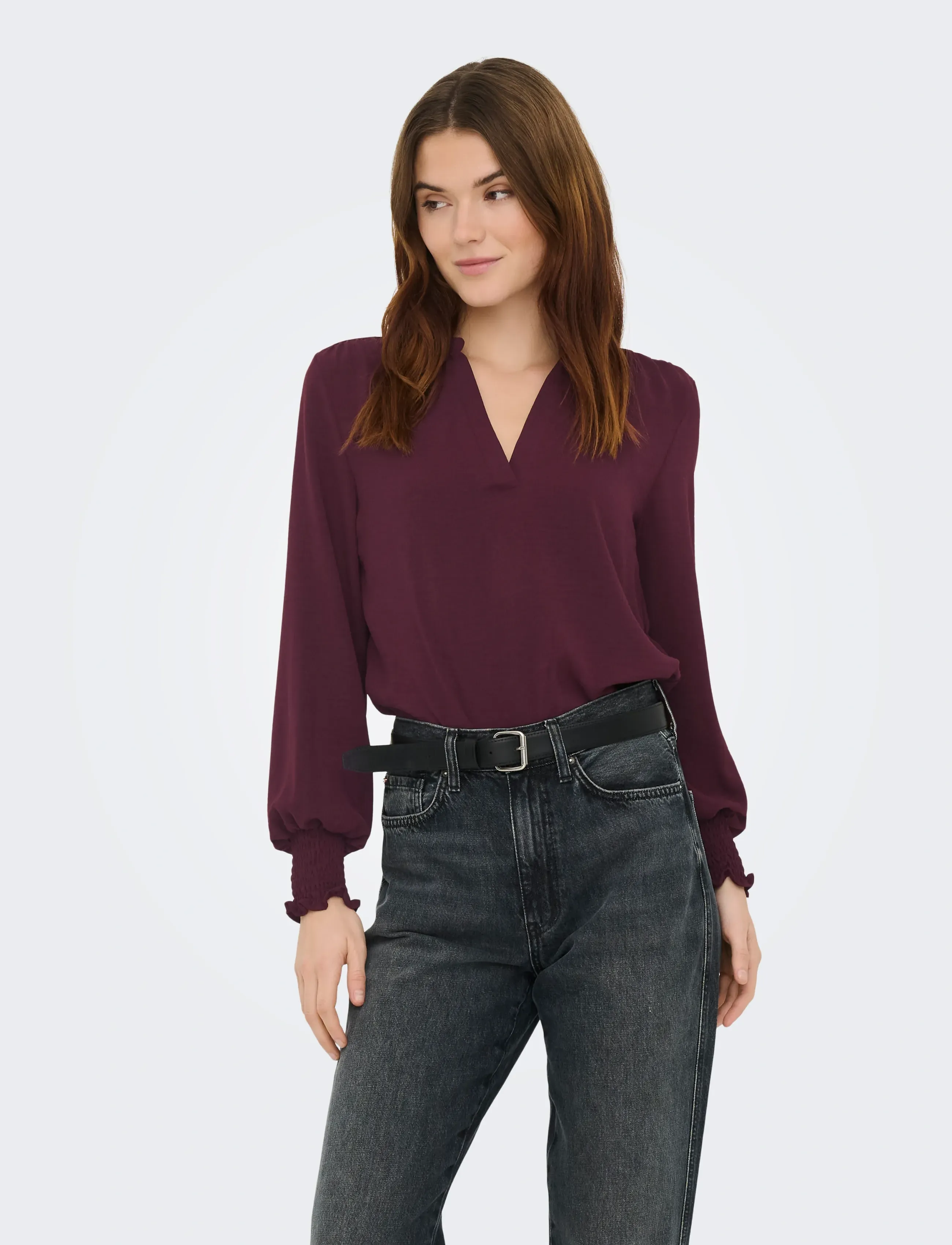 ONLY Onlmette V-Neck Ls Smock Top Noos Wvn, Kvinder, Langærmet V-Hals Smock Top, Bordeaux, Str: S