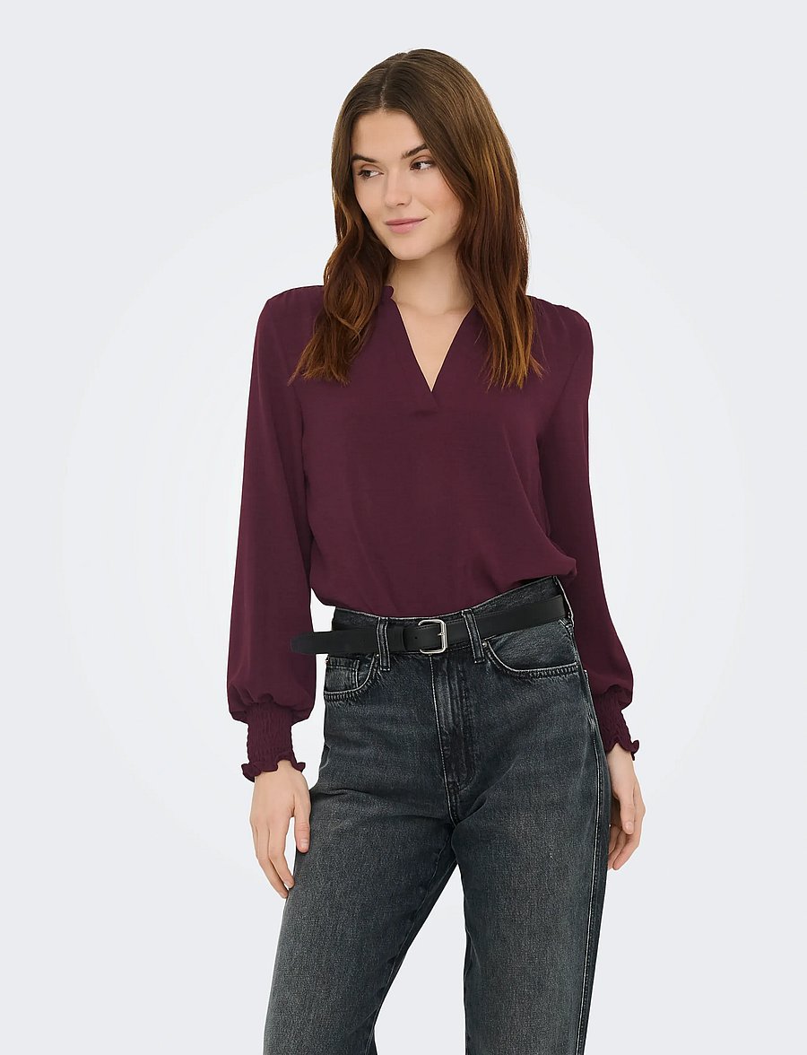 ONLY - ONLMETTE V-NECK LS SMOCK TOP NOOS WVN - langärmelige blusen - decadent chocolate - 0