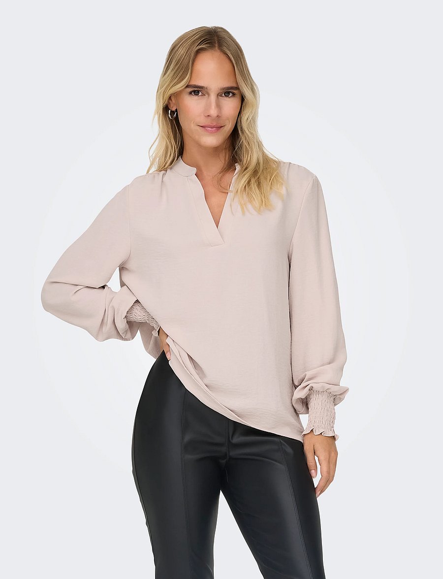 ONLY - ONLMETTE V-NECK LS SMOCK TOP NOOS WVN - långärmade blusar - gray morn - 0
