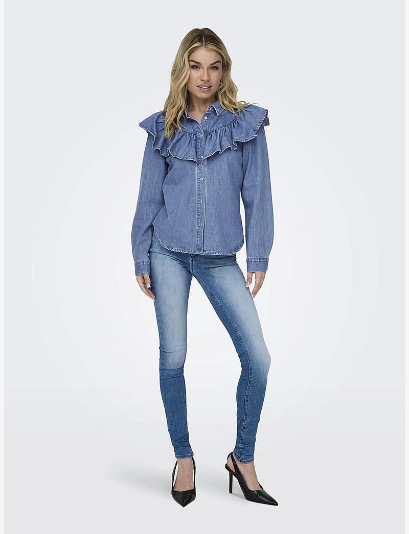 ONLY - ONLINDIGO LS FRILL DNM SHIRT QYT NOOS - denimskjorter - medium blue denim - 0
