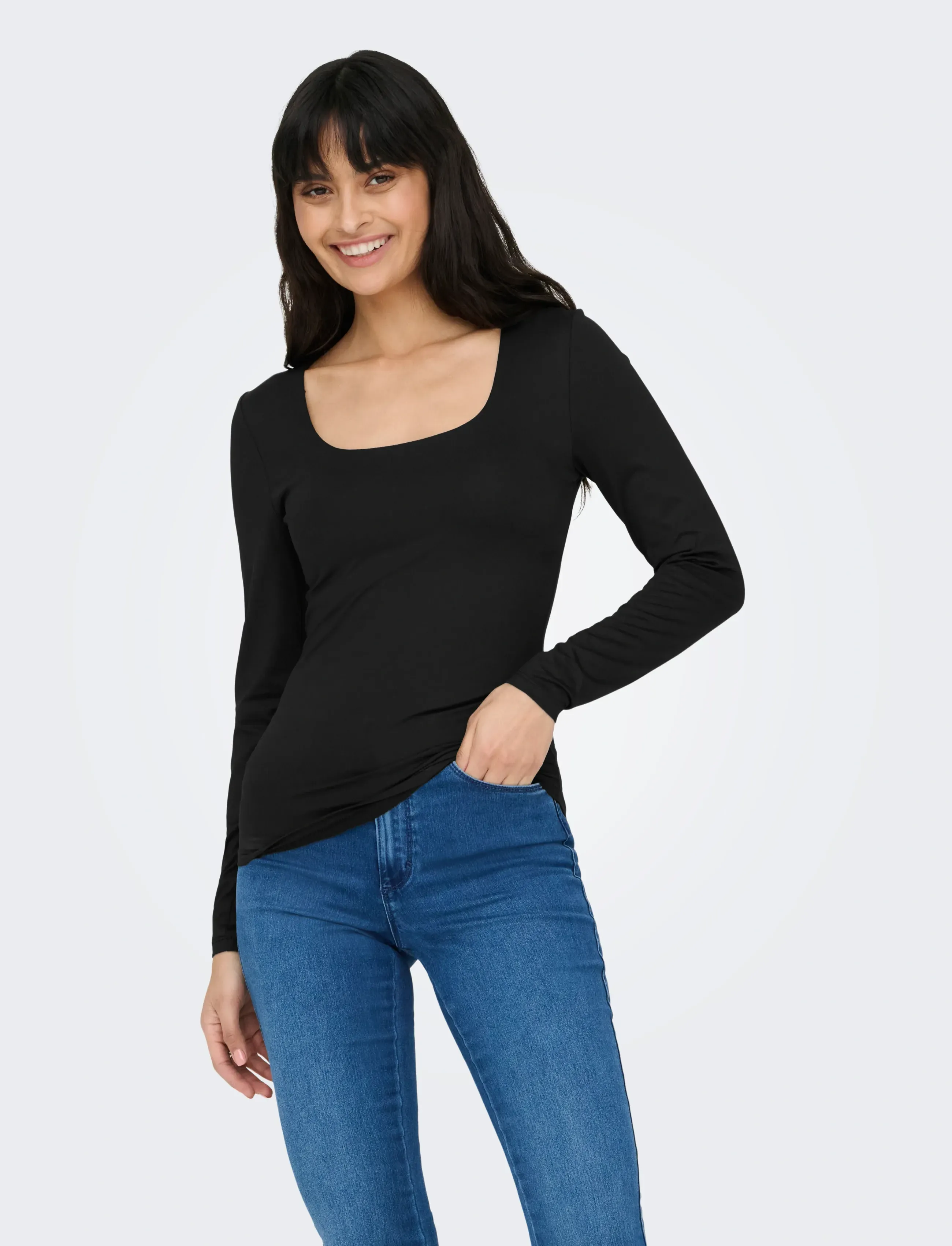 ONLY ONLEA L/S 2-WAY DEEP NECK TOP JRS NOOS - Pikkade varrukatega alussärgid - BLACK / black