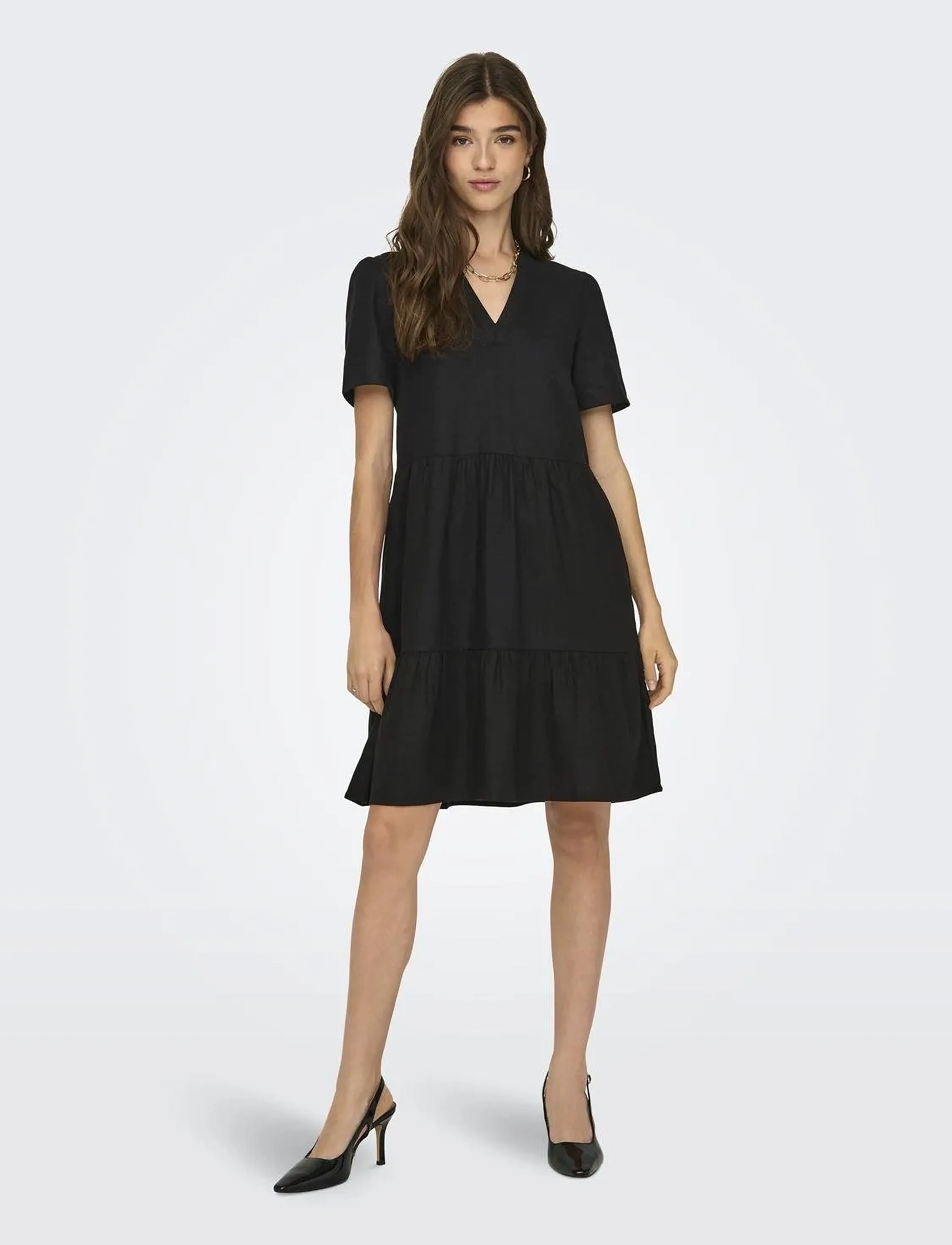 ONLY - ONLTIRI-CARO S/S V-NECK LIN DRESS CC PNT - konfirmation - black - 4