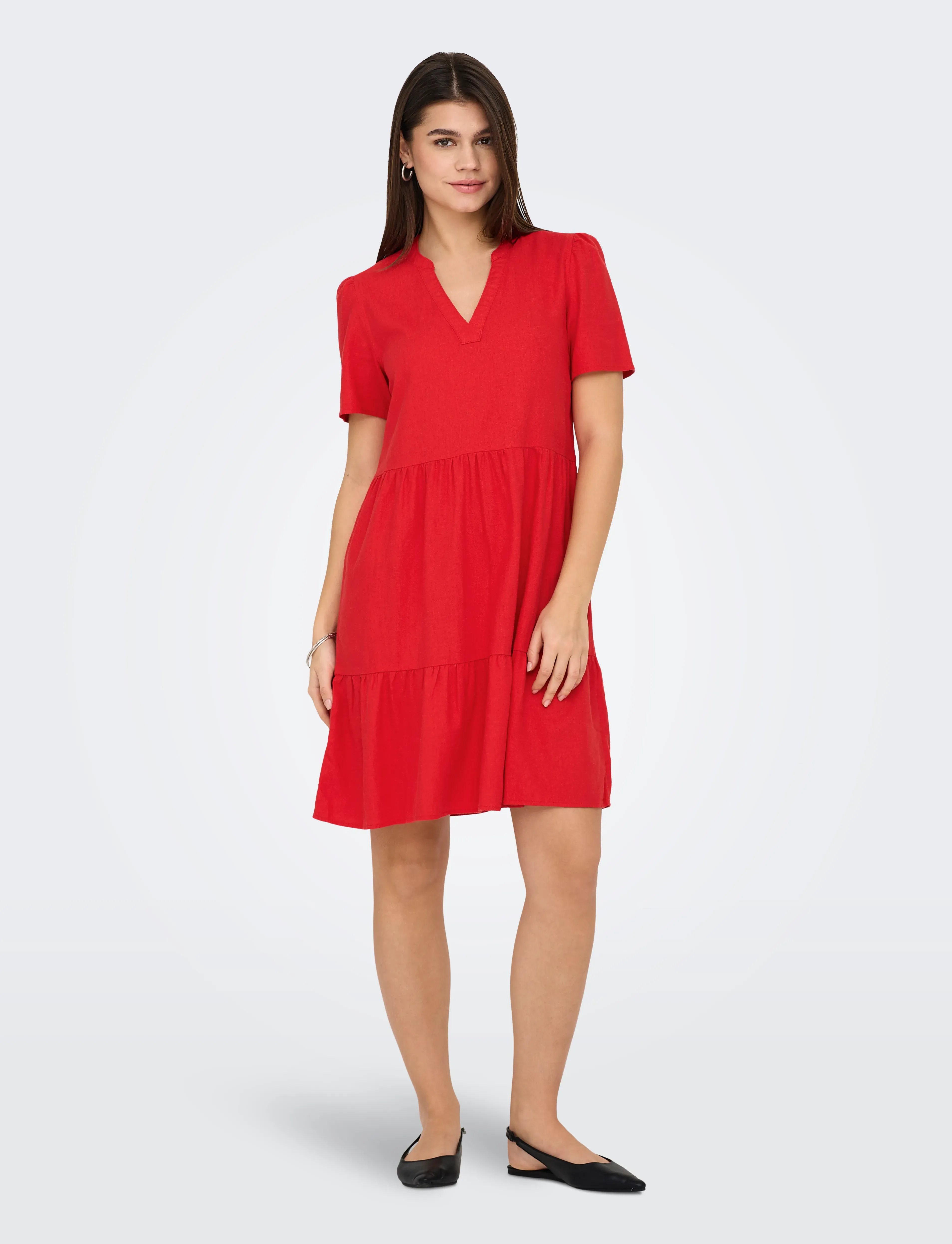 ONLY Onltiri-Caro S/S V-Neck Lin Dress Cc Pnt, M, Dresses, Rot - Short Dress, Frauen
