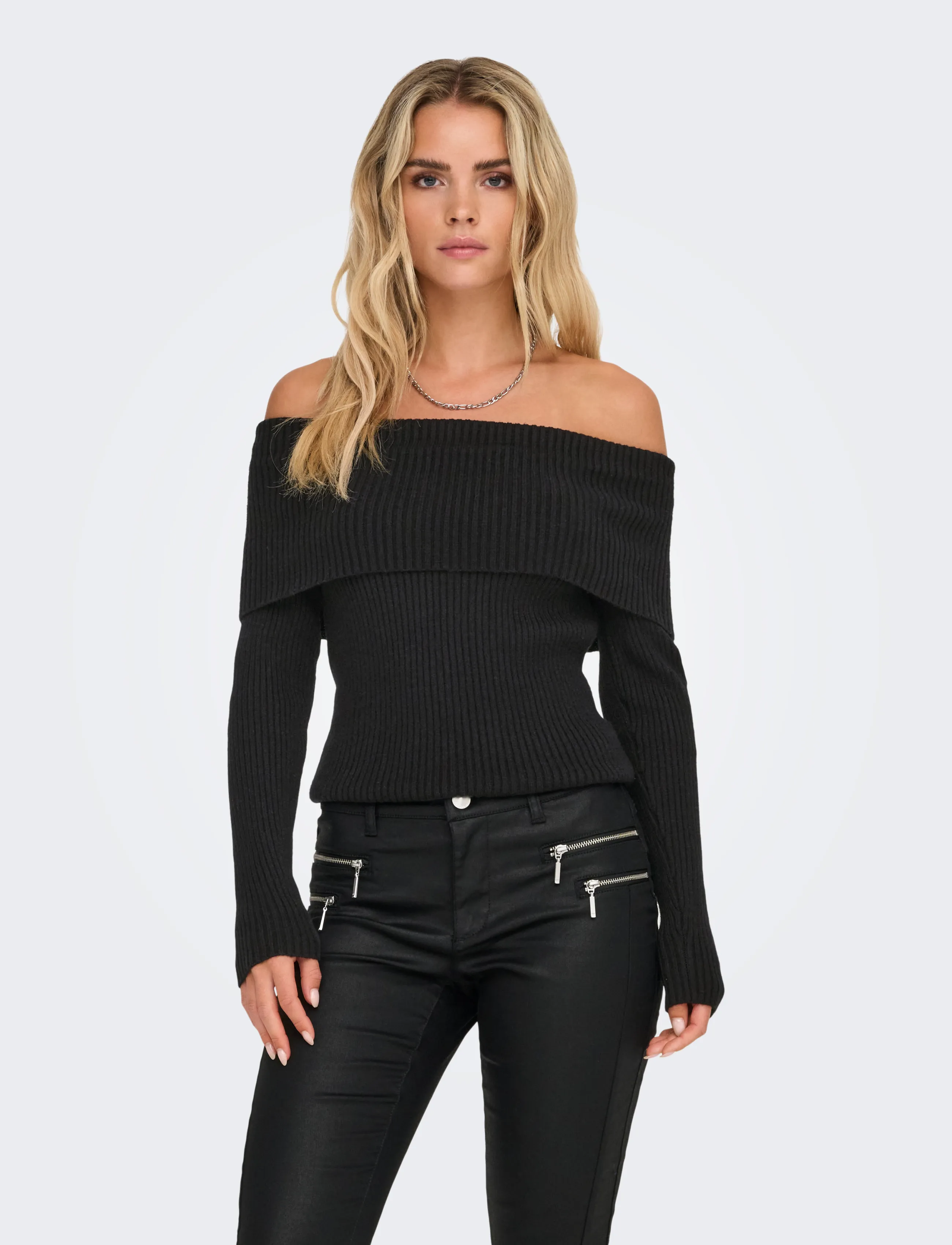 ONLY Onlkatia Ls Off Shoulder Knt Noos, Kvinder, Off Shoulder Strikketop, Sort, Str: XS