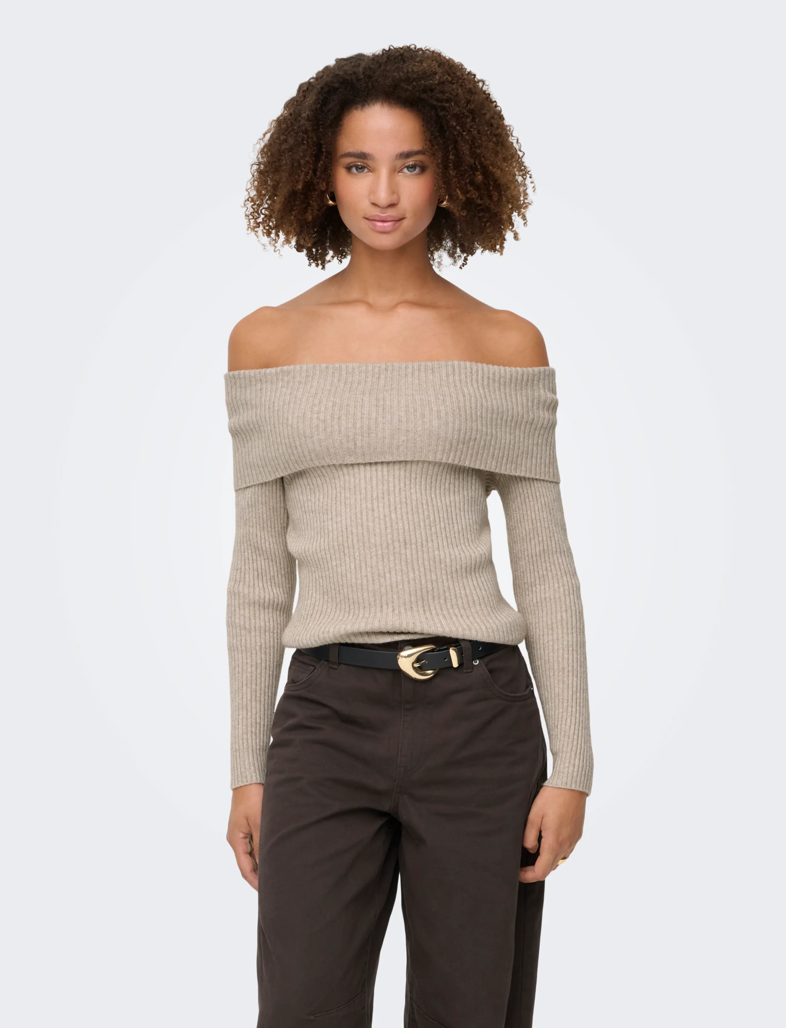 ONLY Onlkatia Ls Off Shoulder Knt Noos, Kvinder, Off Shoulder Strikketop, Beige, Str: XS
