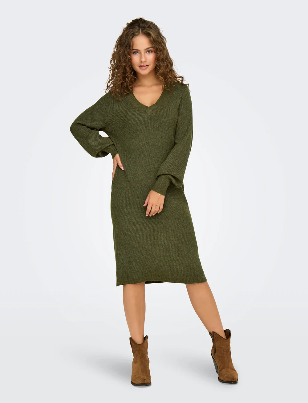 ONLY - ONLKATIA LS V-NECK DRESS NCA KNT - stickade klänningar - kalamata - 0