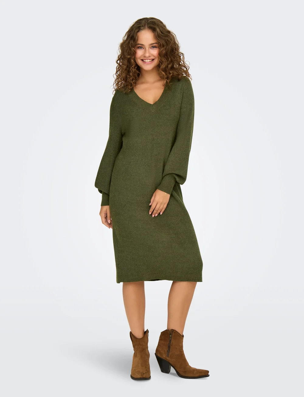 ONLY - ONLKATIA LS V-NECK DRESS NCA KNT - stickade klänningar - kalamata - 4