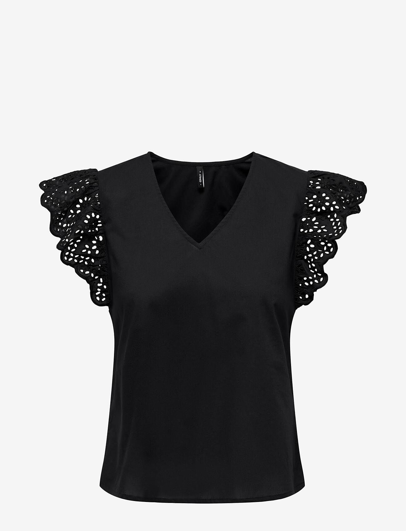 ONLY - ONLLOU LIFE EMB S/S FRILL TOP WVN - Ärmlösa blusar - black - 1