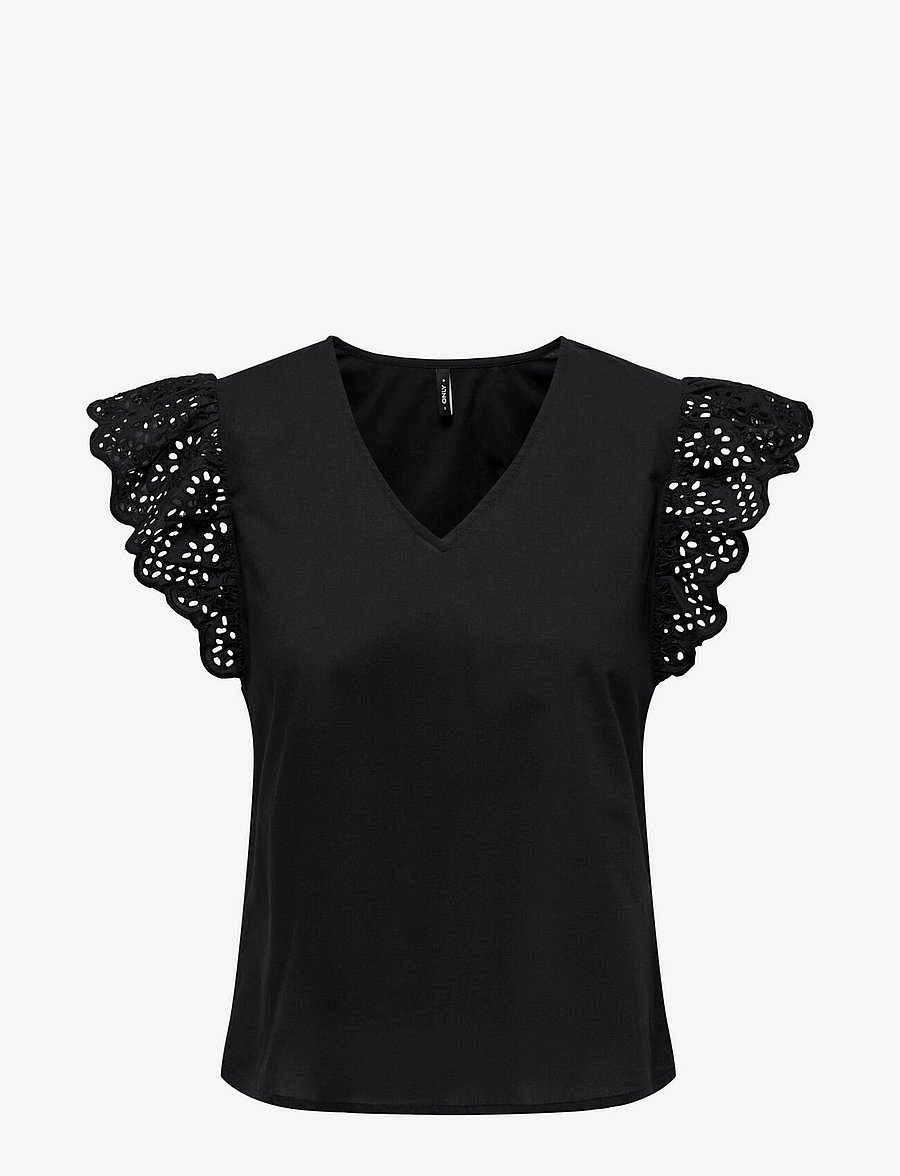 ONLY - ONLLOU LIFE EMB S/S FRILL TOP WVN - Ærmeløse bluser - black - 1