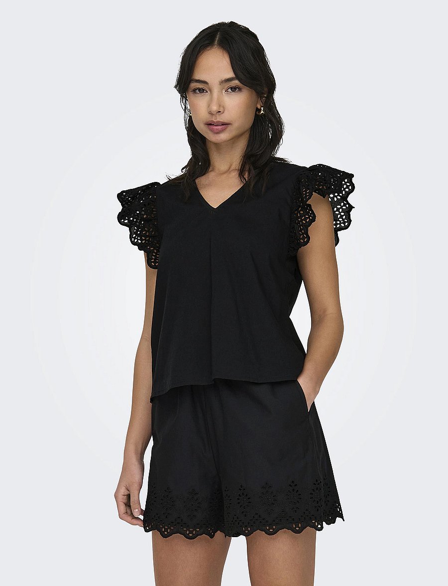 ONLY - ONLLOU LIFE EMB S/S FRILL TOP WVN - Ærmeløse bluser - black - 0