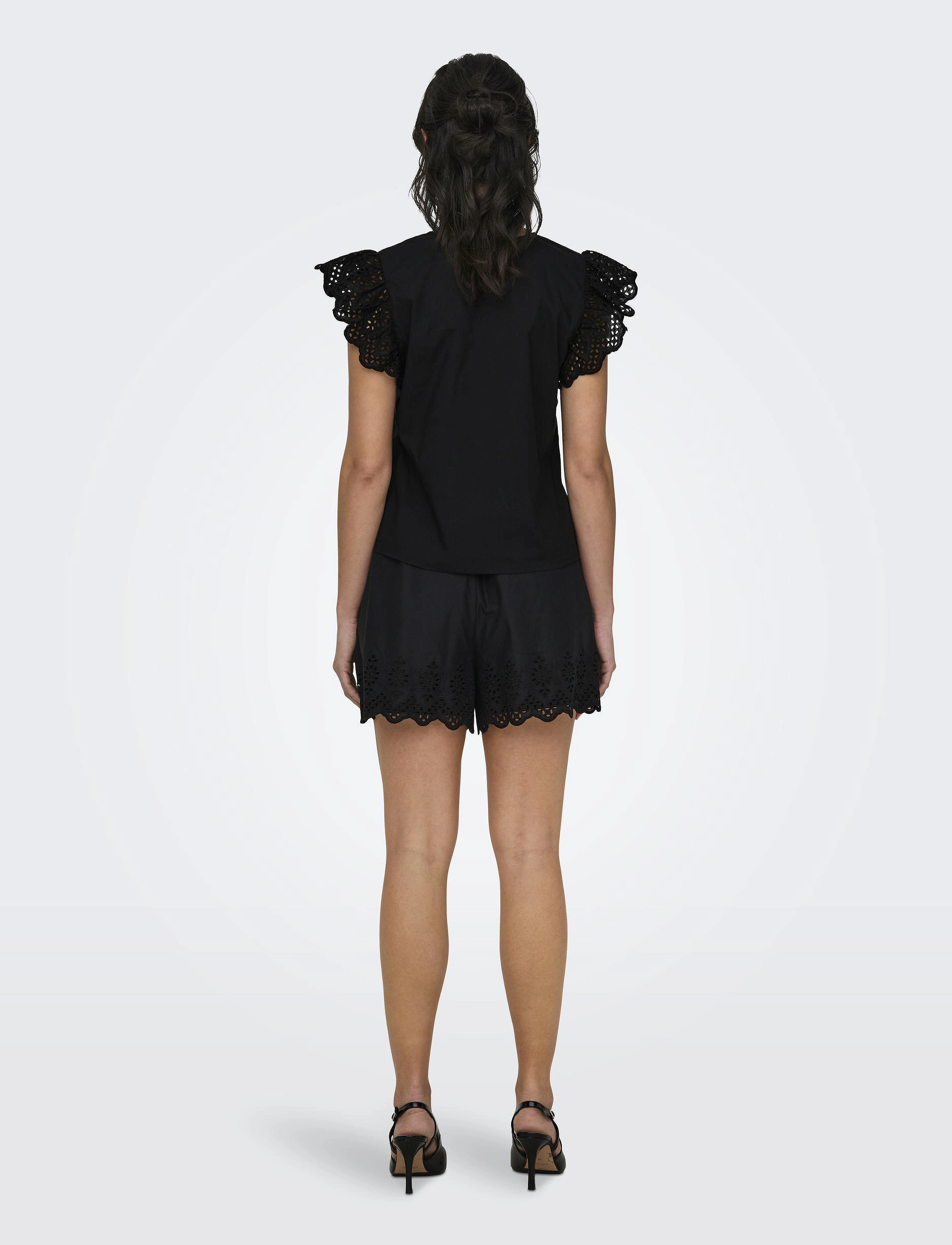 ONLY - ONLLOU LIFE EMB S/S FRILL TOP WVN - sleeveless blouses - black - 3