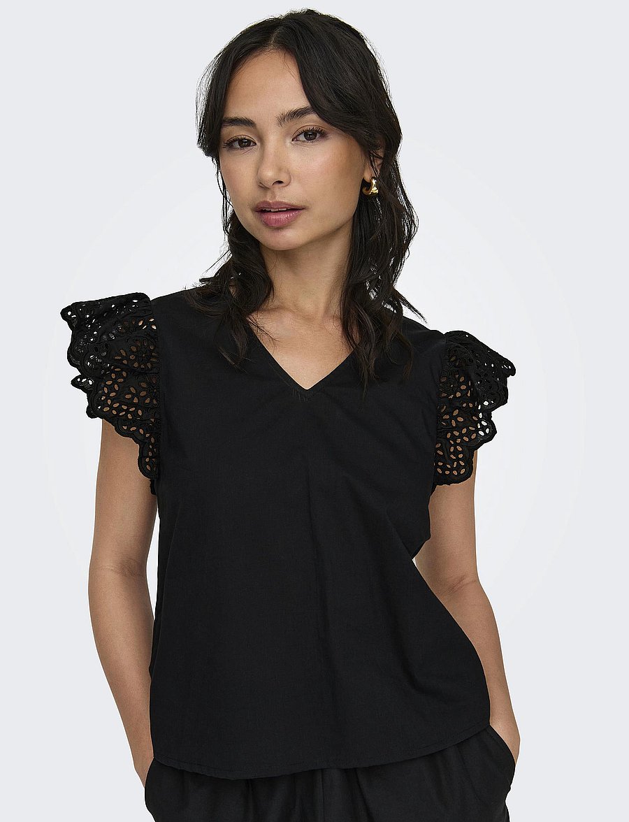 ONLY - ONLLOU LIFE EMB S/S FRILL TOP WVN - Ærmeløse bluser - black - 5