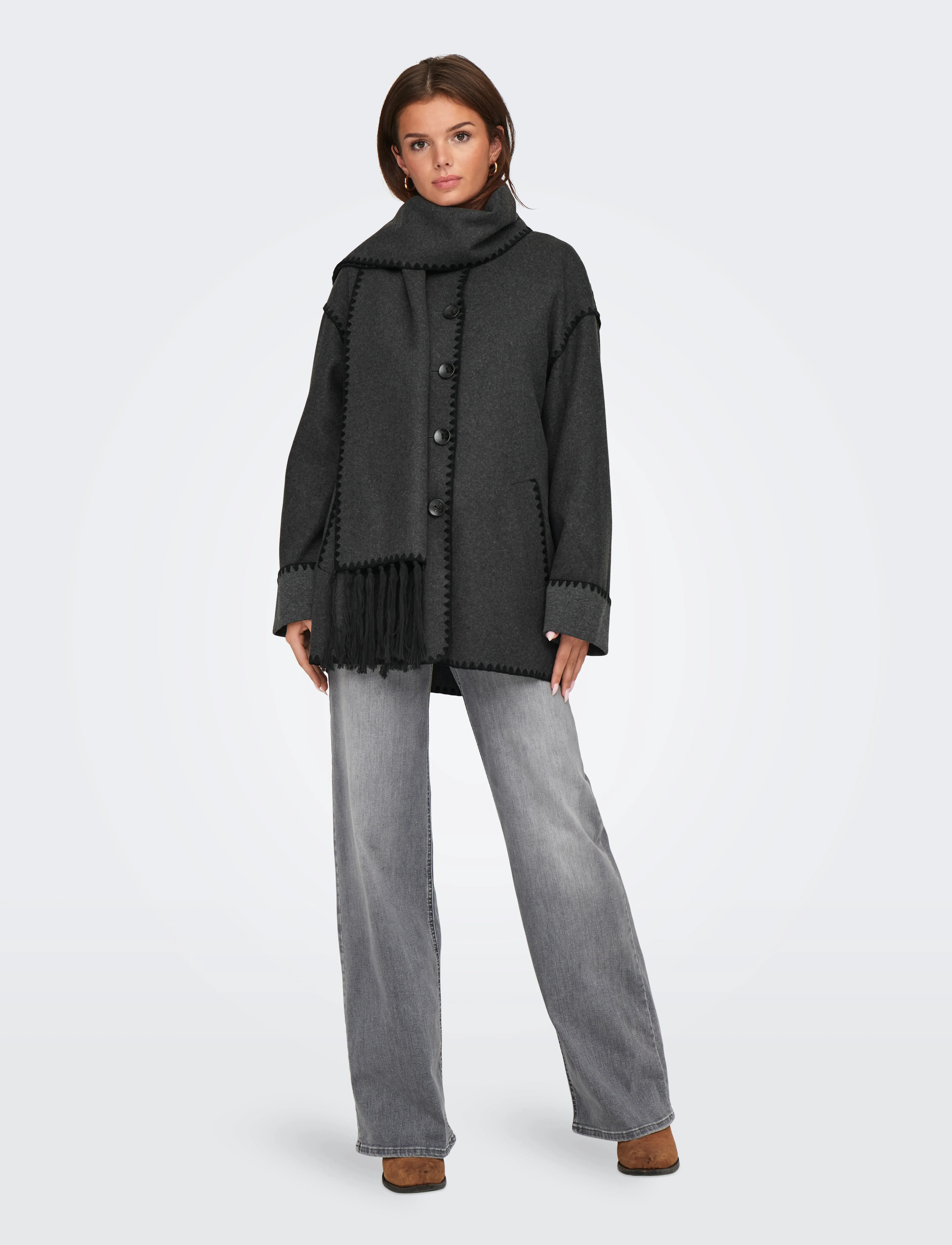 ONLY - ONLELBA LIFE SCALLOP EDGE SCARF COAT OTW - overtøj - dark grey melange - 5