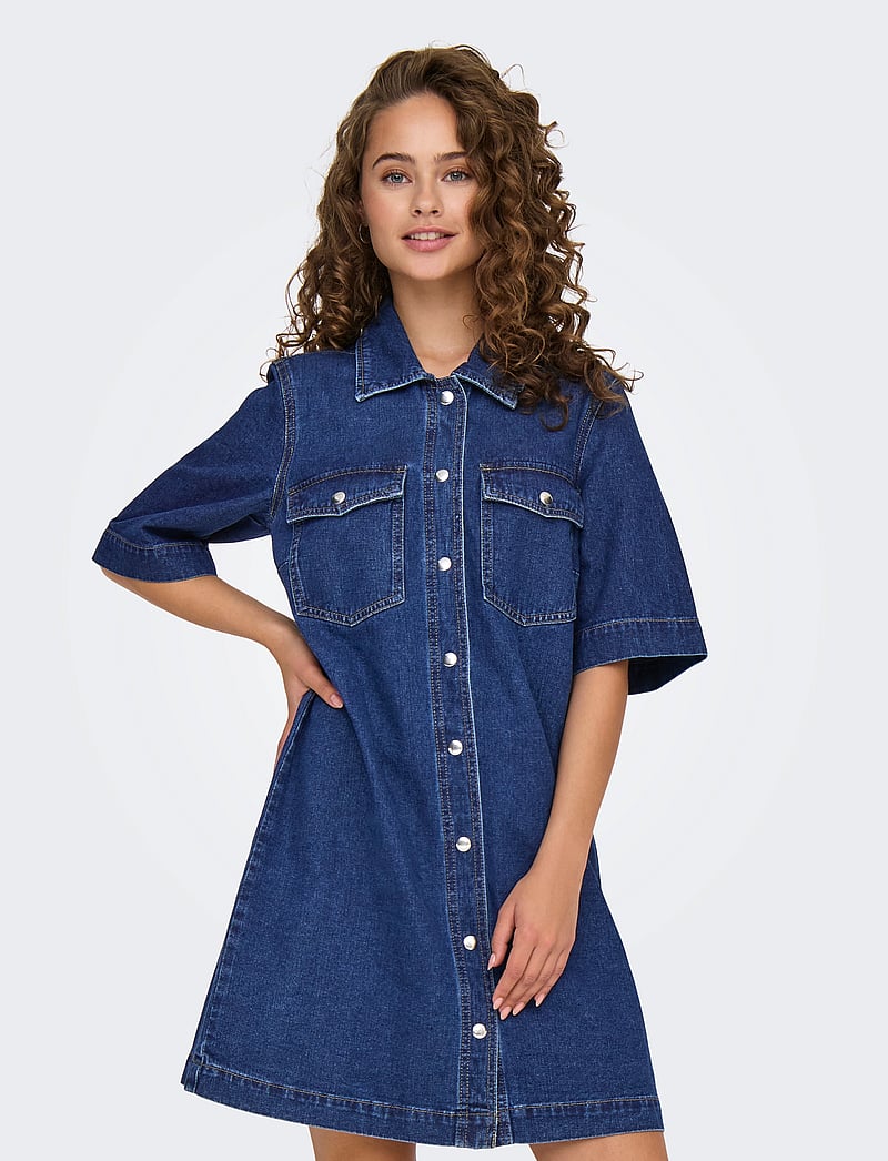 ONLY - ONLBELLE S/S BUTTON DRESS DNM GUA NOOS - skjortklänningar - dark blue denim - 0