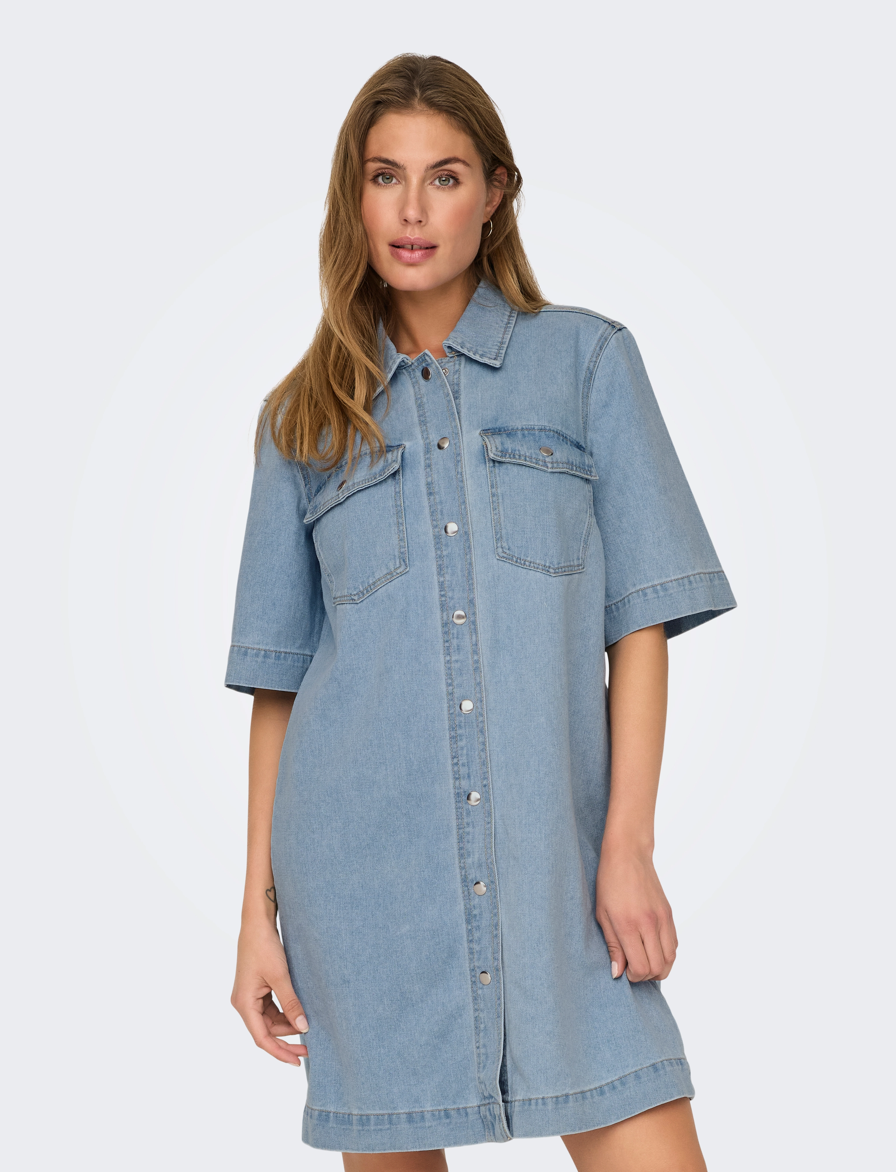 ONLY Onlbelle S/S Button Dress Dnm Gua Noos, XS, Dresses, Blau - Shirt Frauen