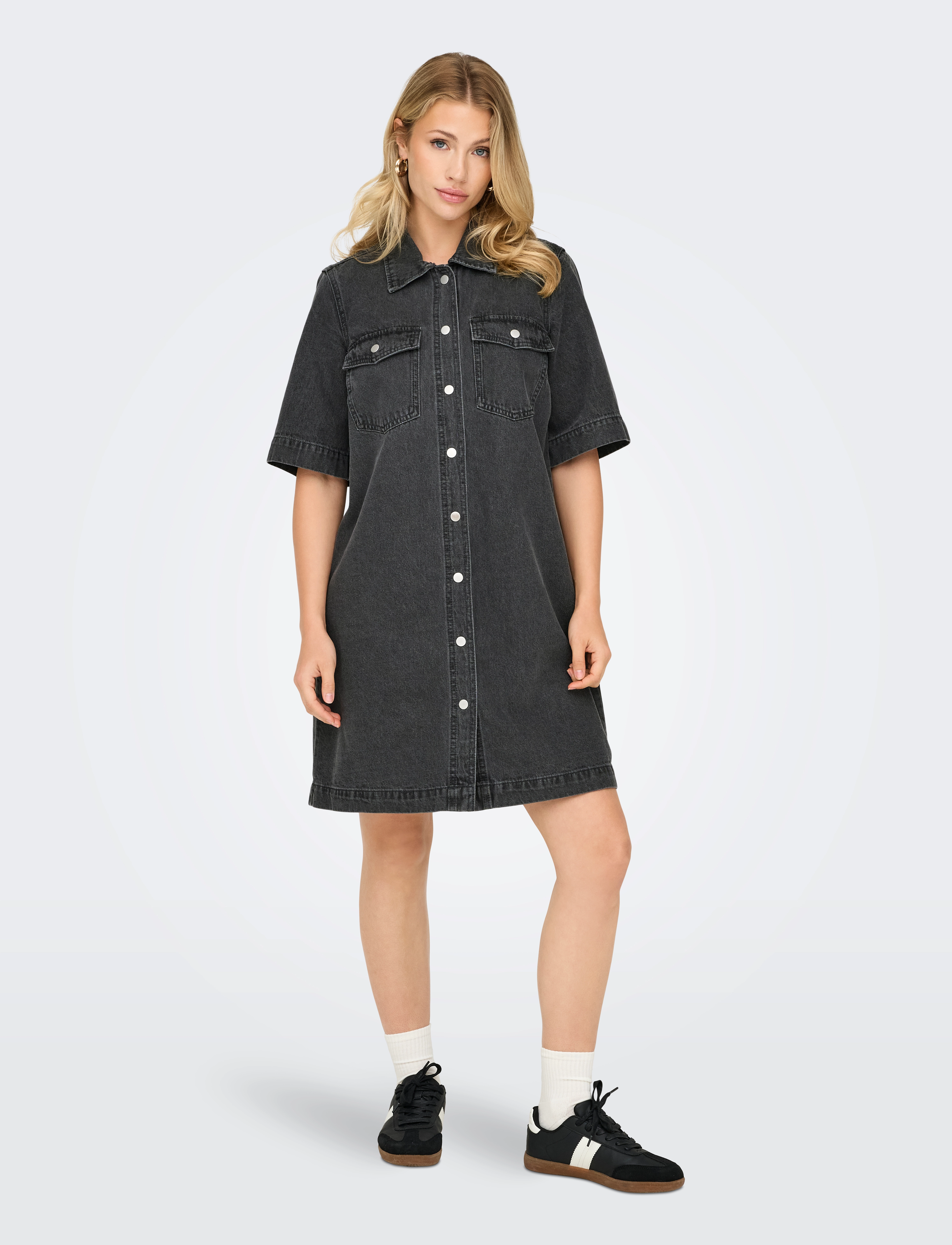 ONLY Onlbelle S/S Button Dress Dnm Gua Noos, XS, Dresses, Schwarz - Shirt Frauen