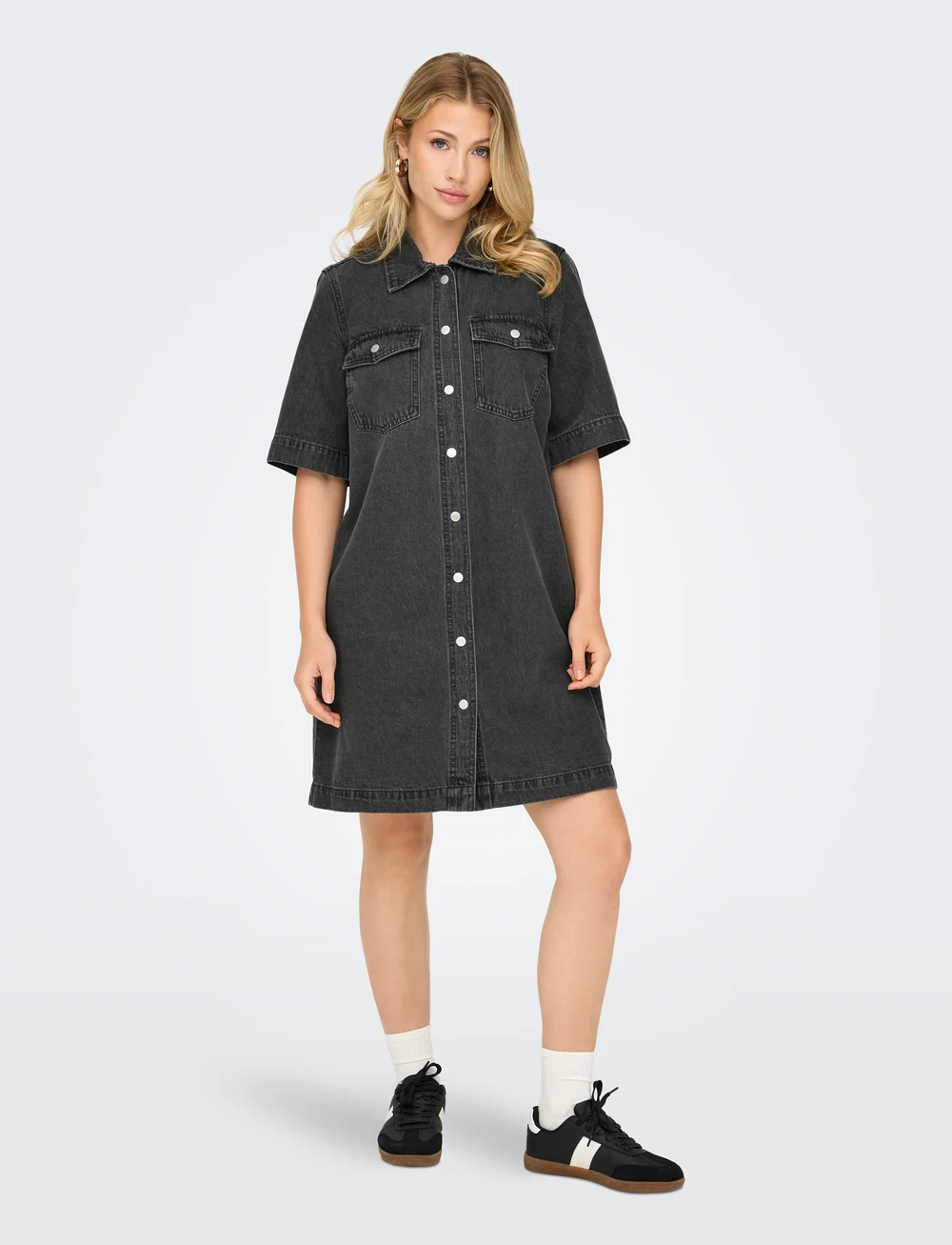 ONLY - ONLBELLE S/S BUTTON DRESS DNM GUA NOOS - shirt dresses - washed black - 0