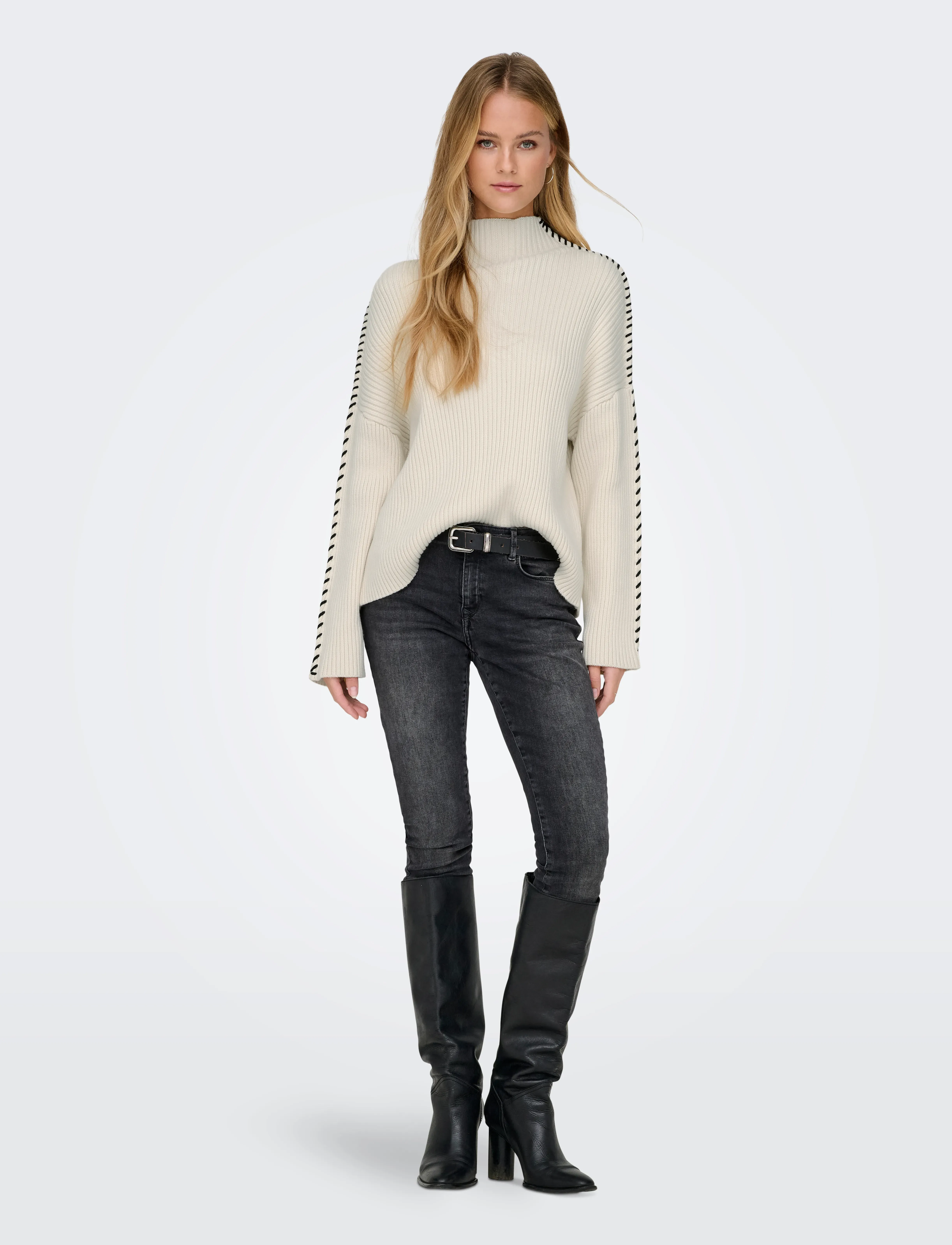 ONLY - ONLQUEENIE LS CONTRAST HIGH NECK PRM KNT - laveste priser - birch - 4