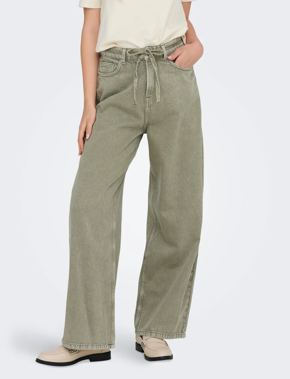 ONLY - ONLBLEECKER MW BELT LOOSE LONG PANT PNT - brede jeans - deep lichen green - 4