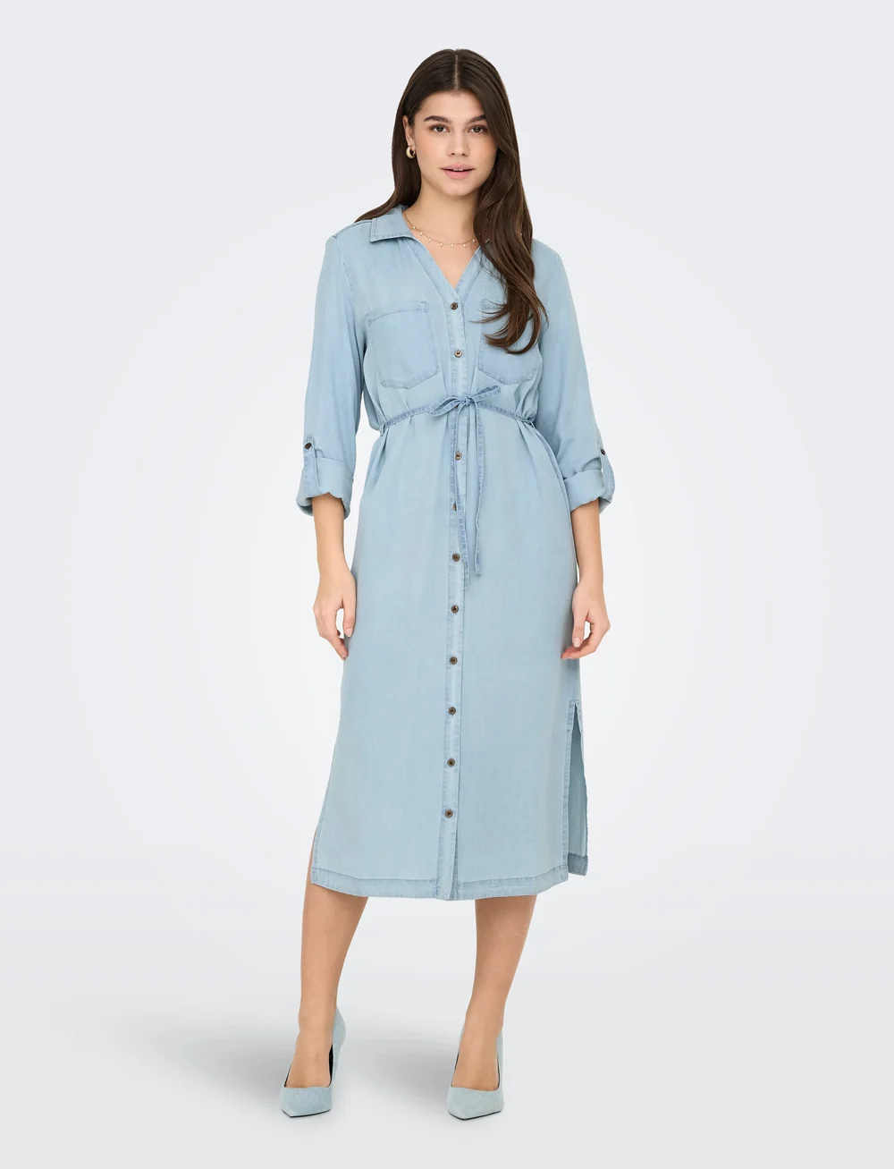 ONLY - ONLCHARIS LIFE LS BEL SHIRT DRESS CC WVN - skjortekjoler - light blue denim - 0