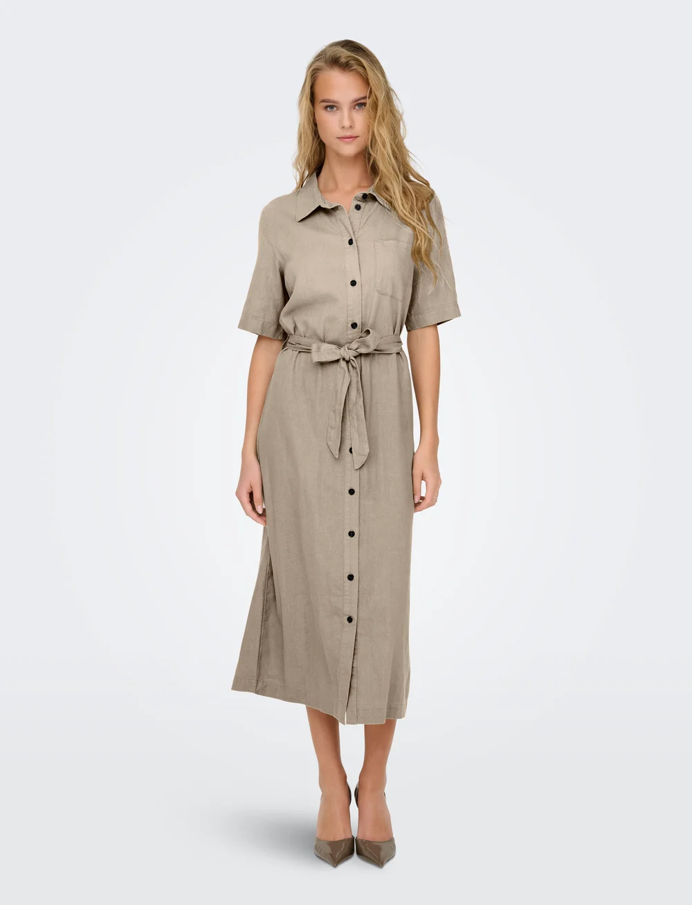 ONLY - ONLCARO S/S LINEN BL BELT DRESS CC PNT - skjortklänningar - oxford tan - 0