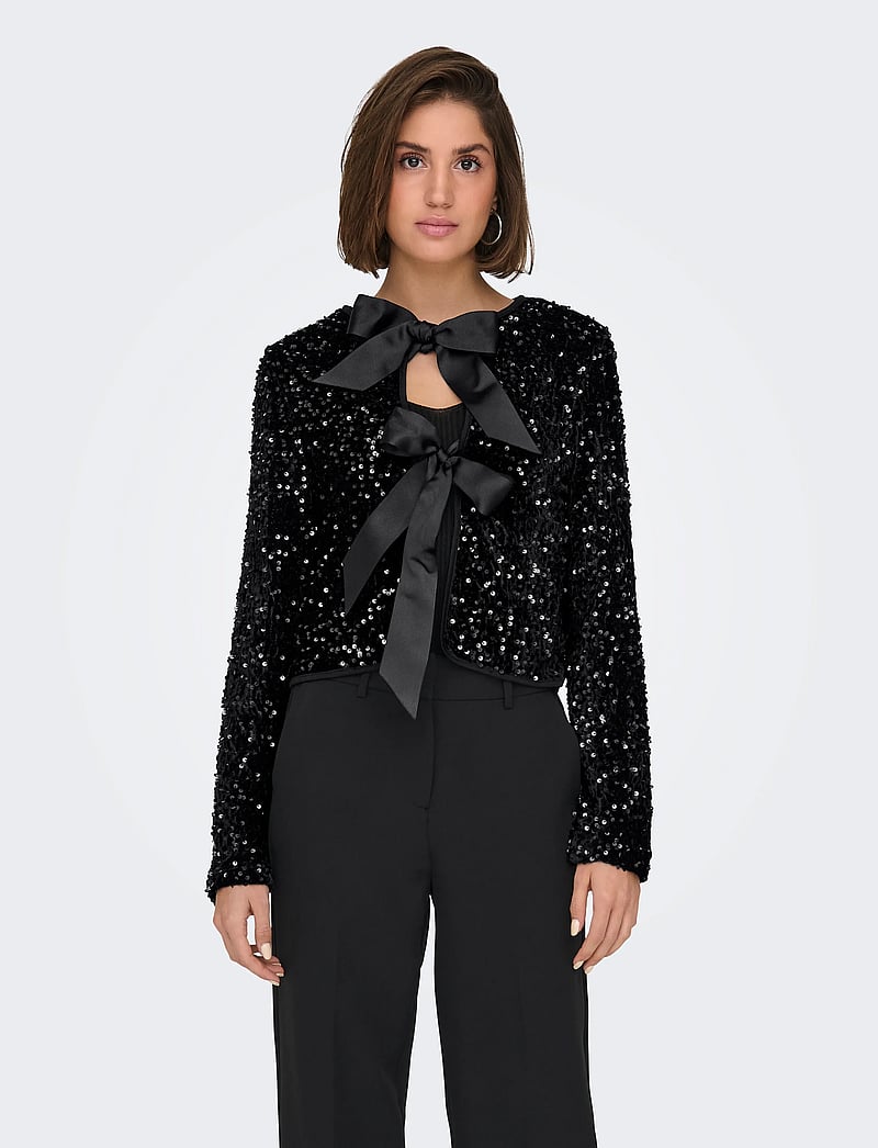 ONLY - ONLANIKA SEQUINS LS BOW TOP WVN CS - cardigans - black - 0