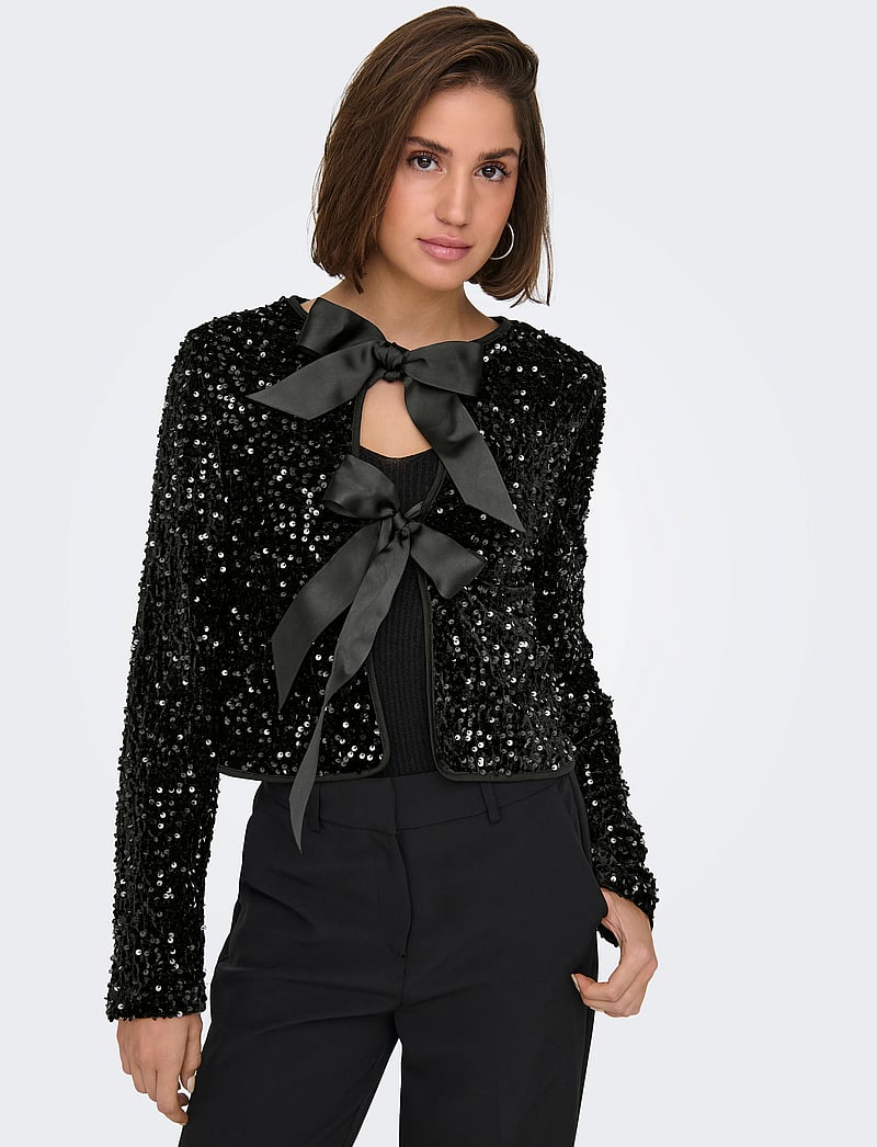 ONLY - ONLANIKA SEQUINS LS BOW TOP WVN CS - cardigans - black - 4