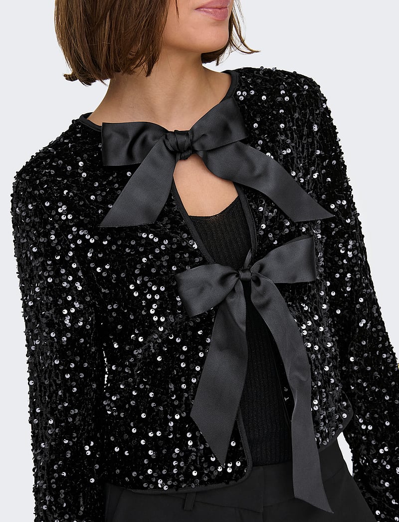 ONLY - ONLANIKA SEQUINS LS BOW TOP WVN CS - cardigans - black - 5