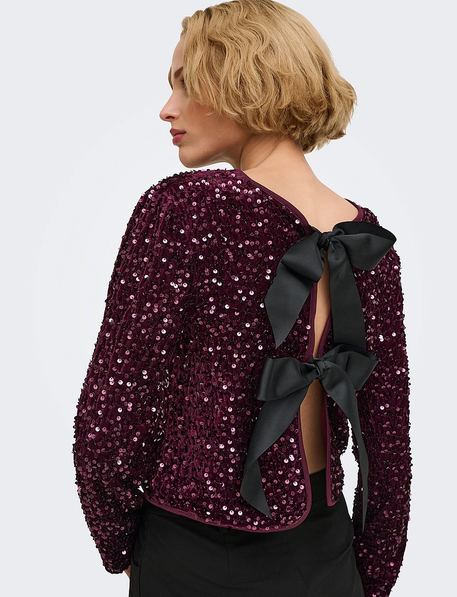 ONLY - ONLANIKA SEQUINS LS BOW TOP WVN CS - cardigans - winetasting - 5