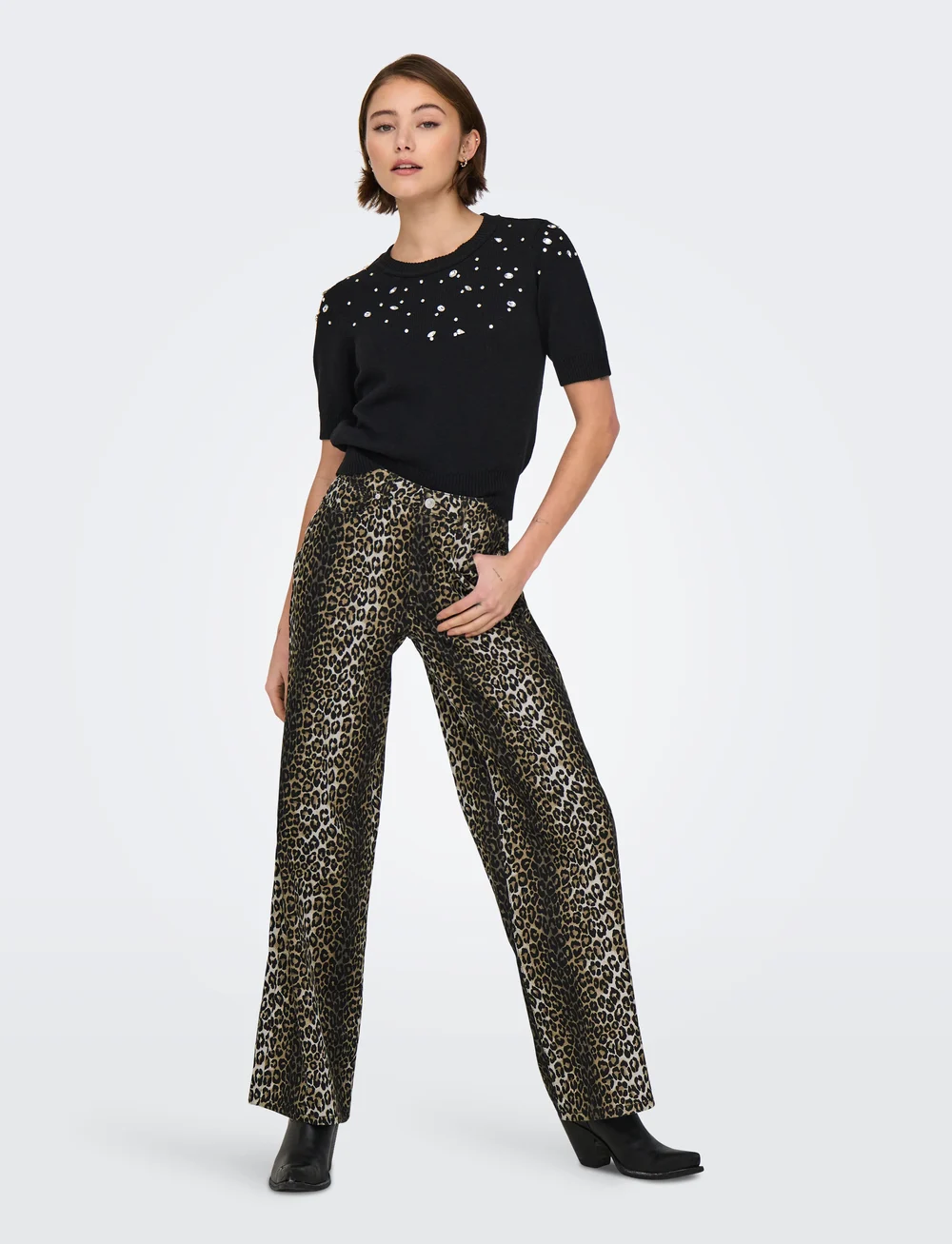 ONLY - ONLMADISON HW WIDE AOP LONG PNT CS - hosen mit weitem bein - black - 0