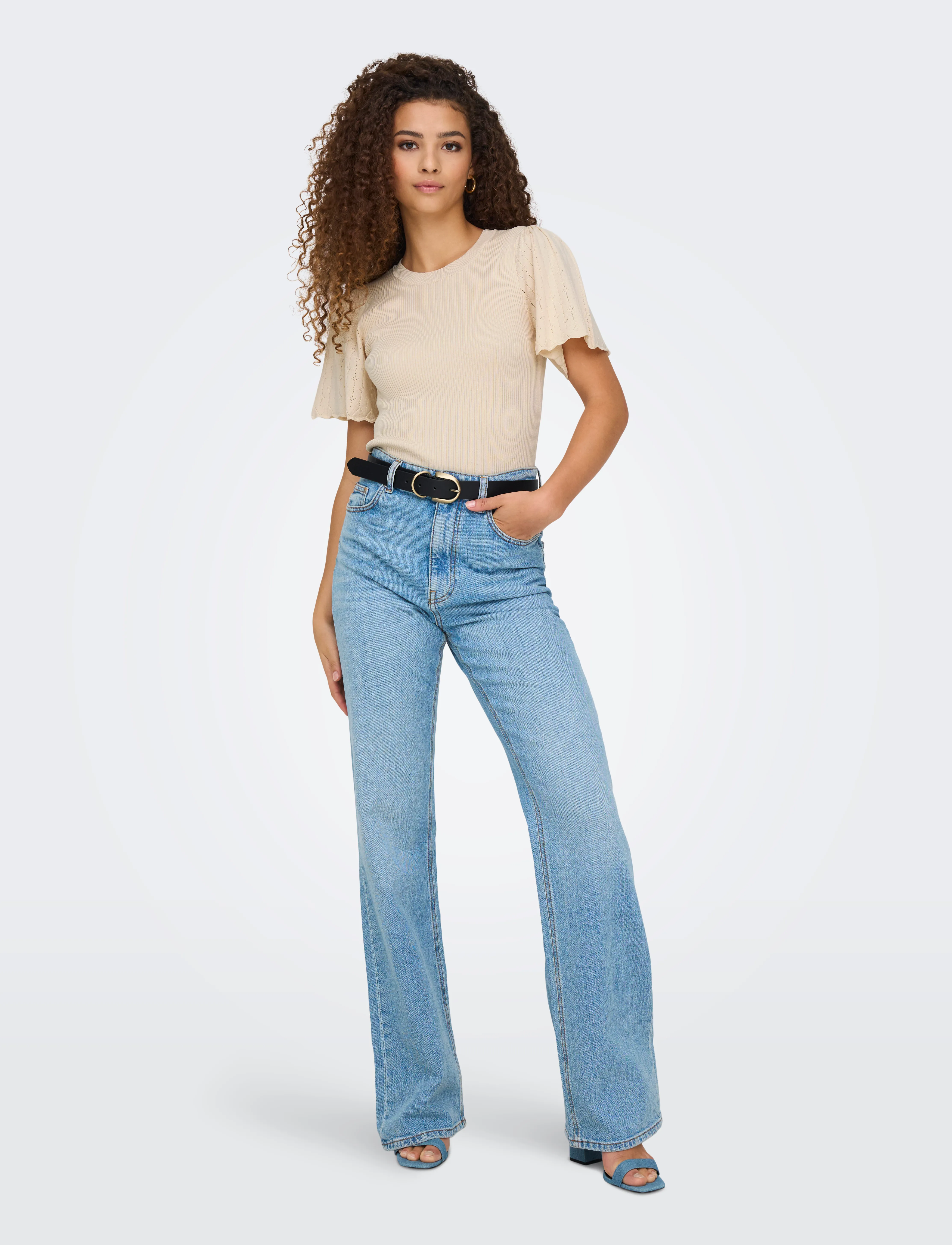 ONLY ONLANJELICA SS DETAIL O-NECK KNT - T-shirts & Toppar - WHITECAP GRAY / beige