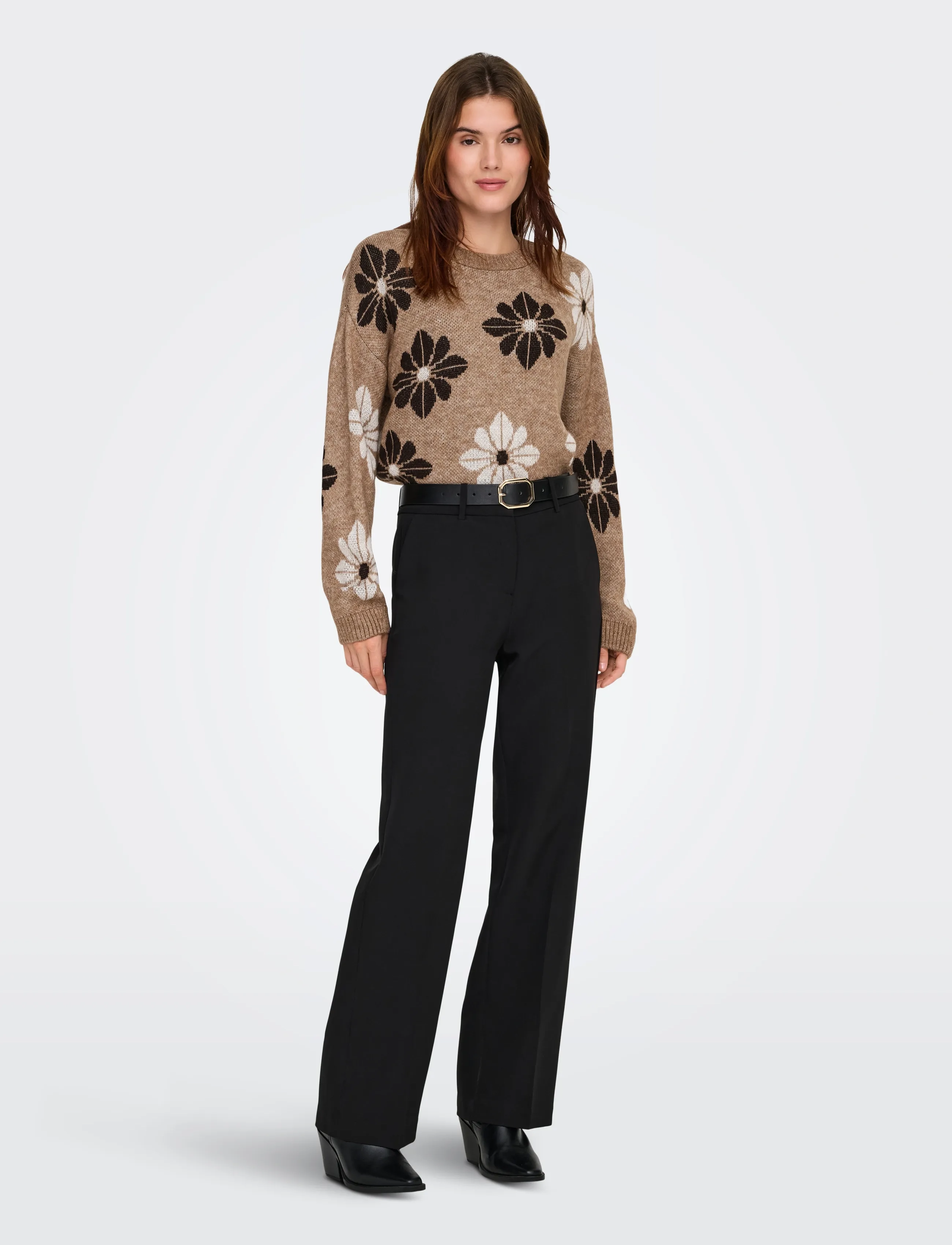 ONLY Onlfreesia Ls Flower O-Neck Knt Noos, XS, Beige, Strik > Trøjer, Dame