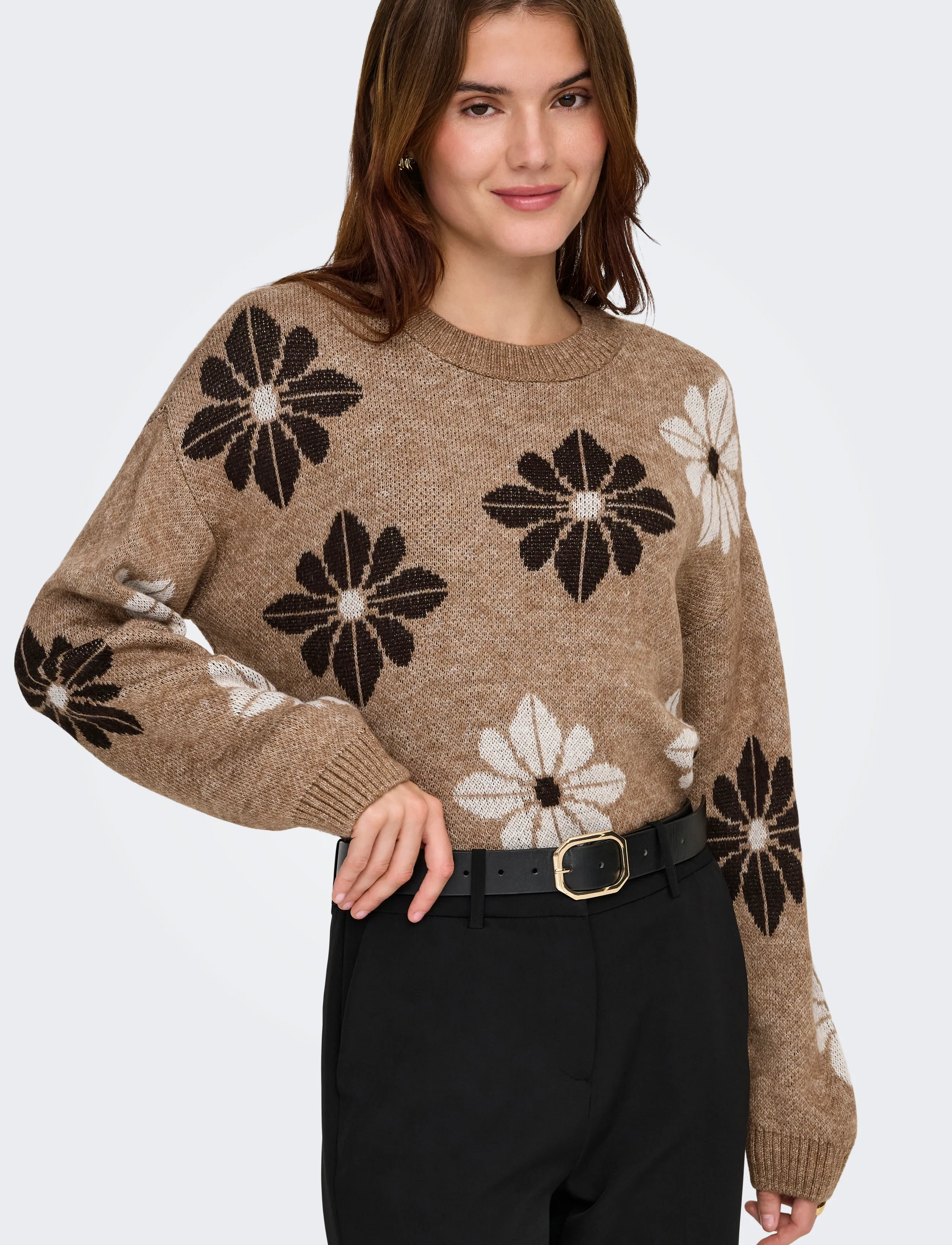 ONLY - ONLFREESIA LS FLOWER O-NECK RP KNT - pullover - toasted coconut - 4