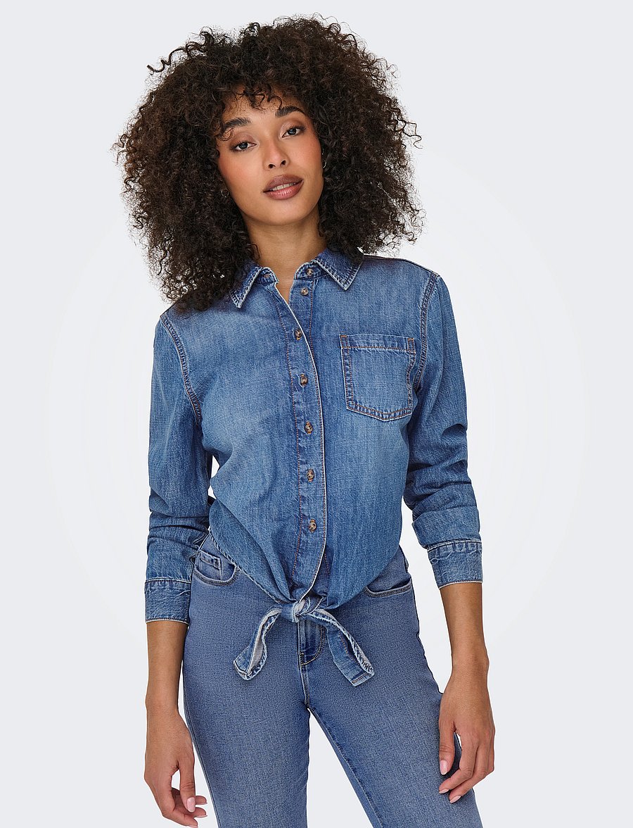 ONLY - -ONLSEVIGNY LECEY LS KNOT DNM SHIRT AKM - långärmade skjortor - medium blue denim - 5