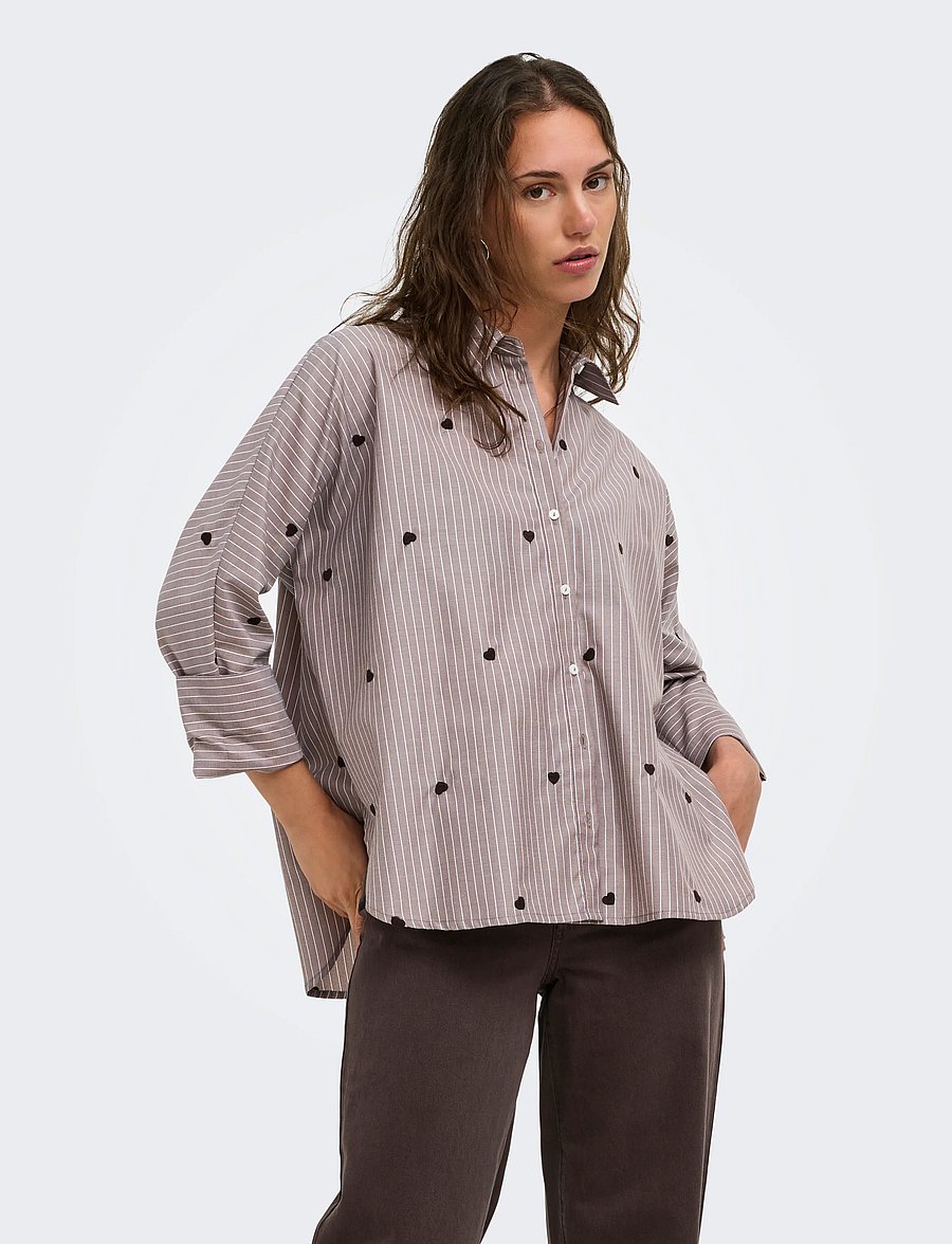 ONLY - ONLNEW LINA GRACE STR EMB SHIRT NOOS WVN - langærmede skjorter - coffee bean - 0
