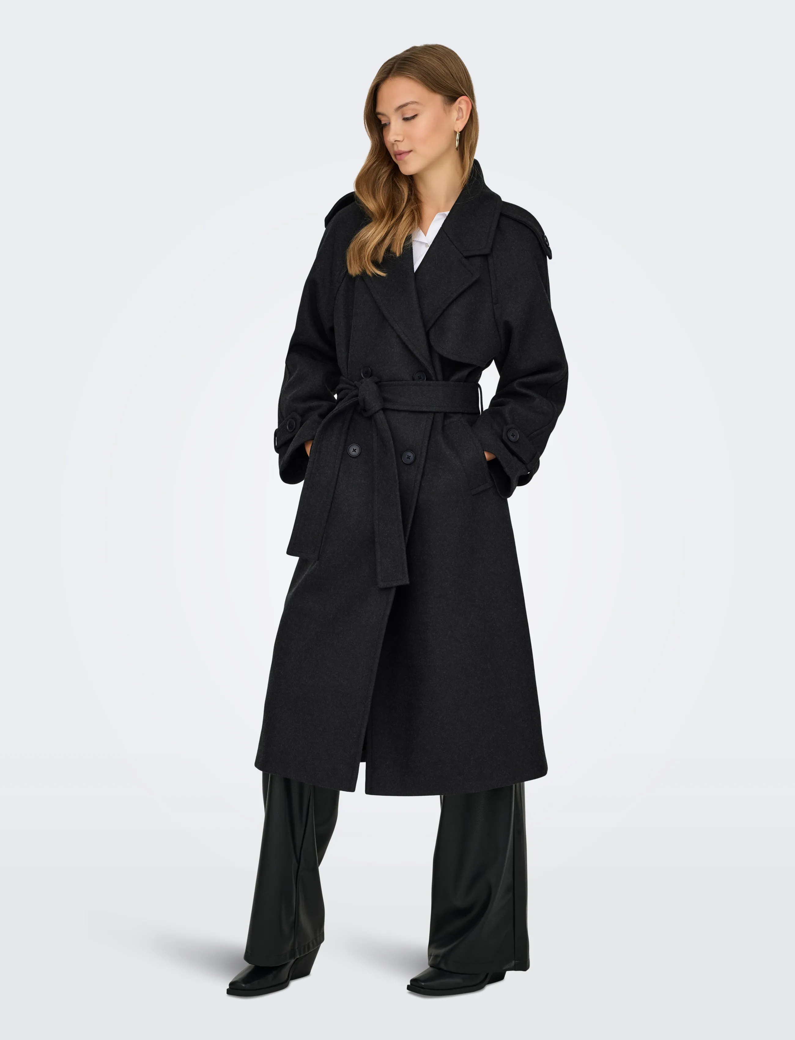 ONLY - ONLDEAR-TRILLION LONG BELT COAT PNT NOOS - trenchcoats - dark grey melange - 4