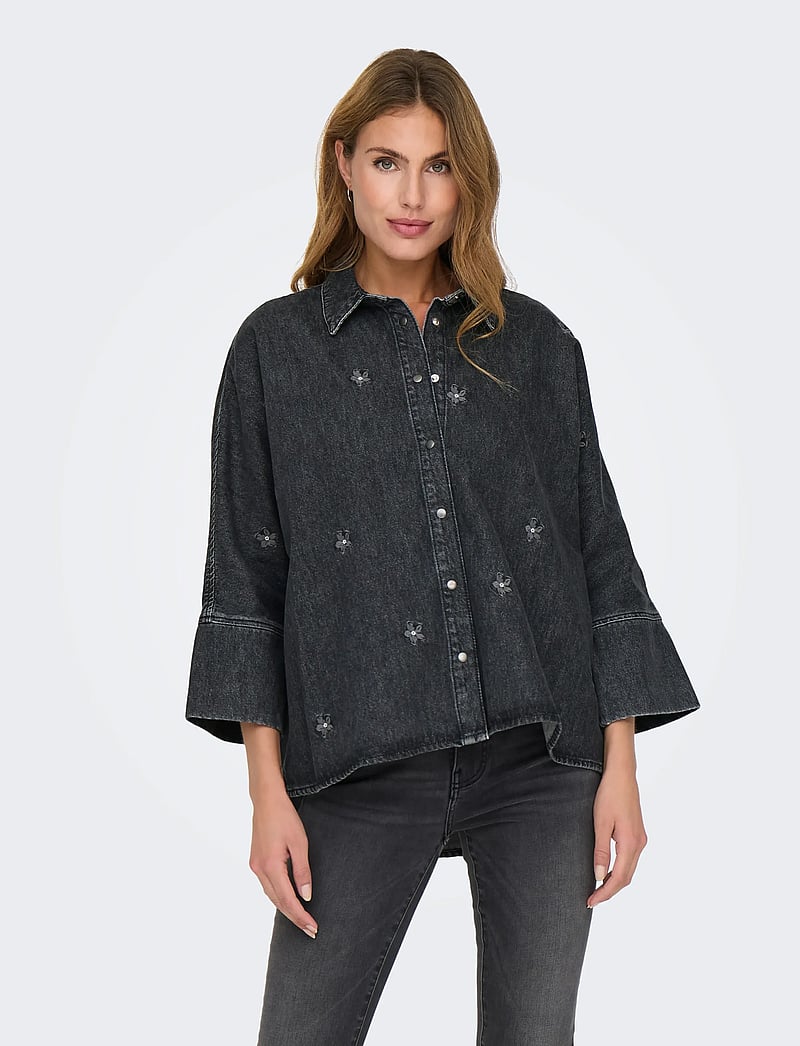 ONLY - ONLGRACE 3/4 FLOWER EMB DNM SHIRT CRO - denim shirts - washed black - 0