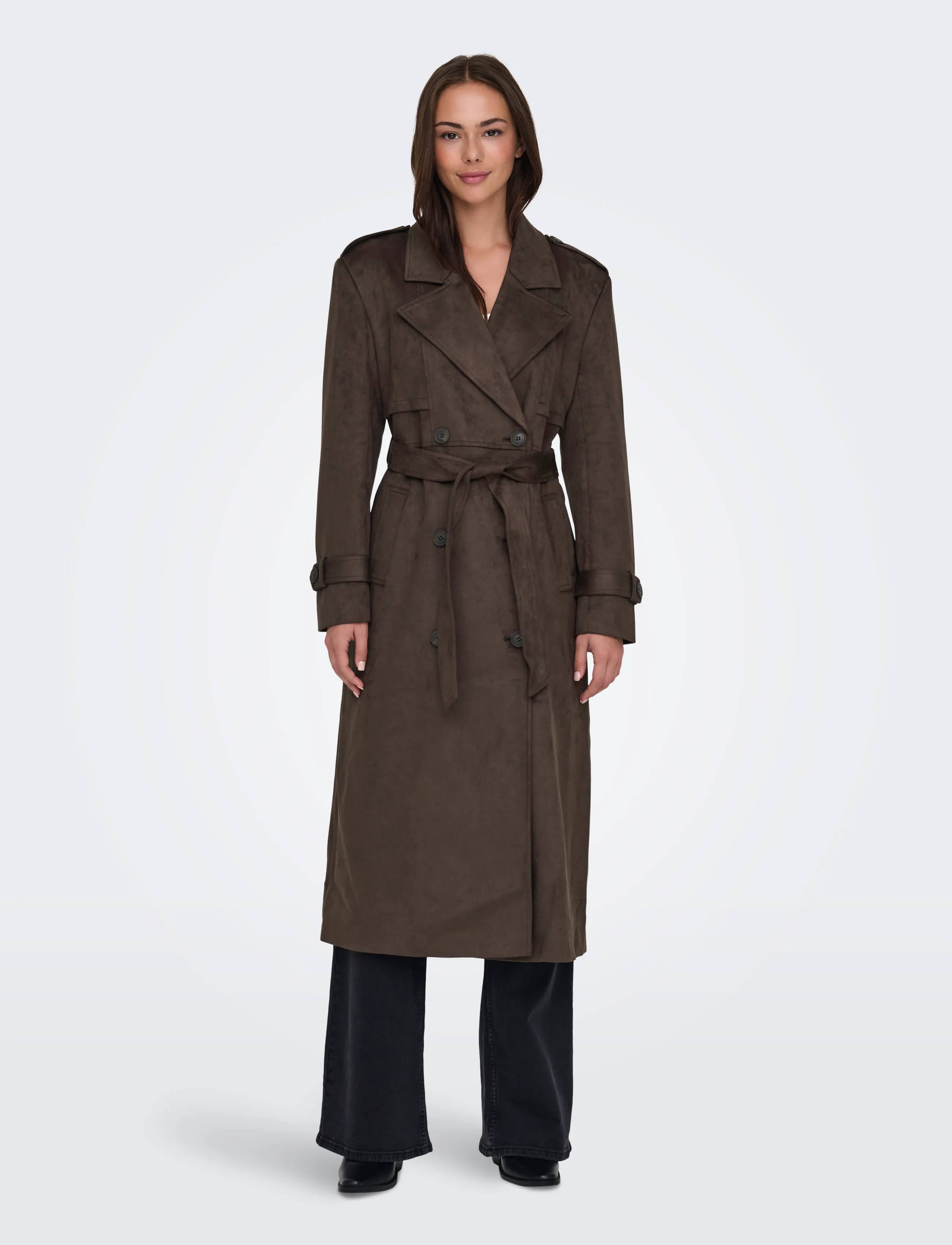 ONLY ONLINA LONG FAUX SUEDE TRENCHCOAT PNT - Only - CHOCOLATE BROWN / brown