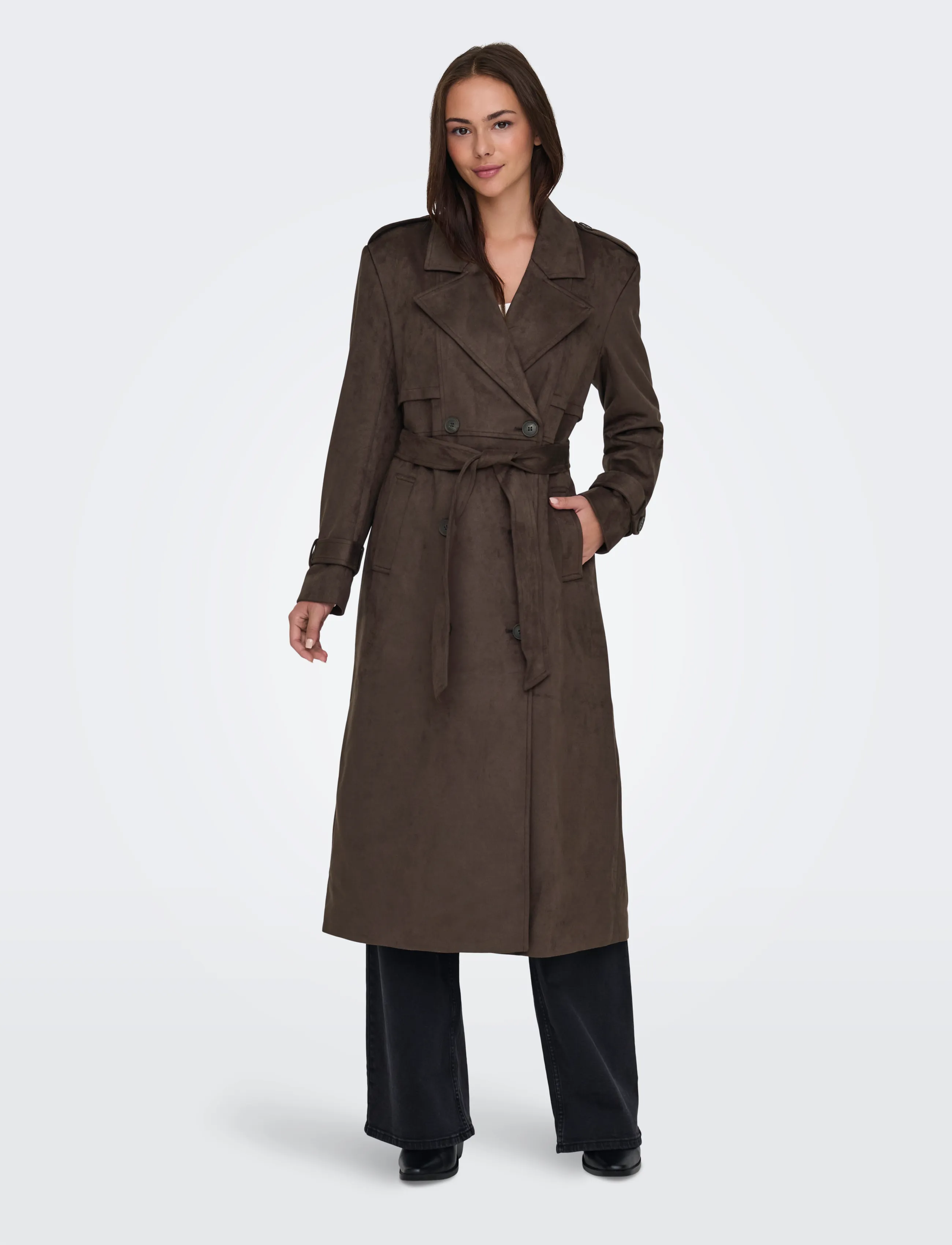 ONLY - ONLINA LONG FAUX SUEDE TRENCHCOAT PNT - chocolate brown - 4