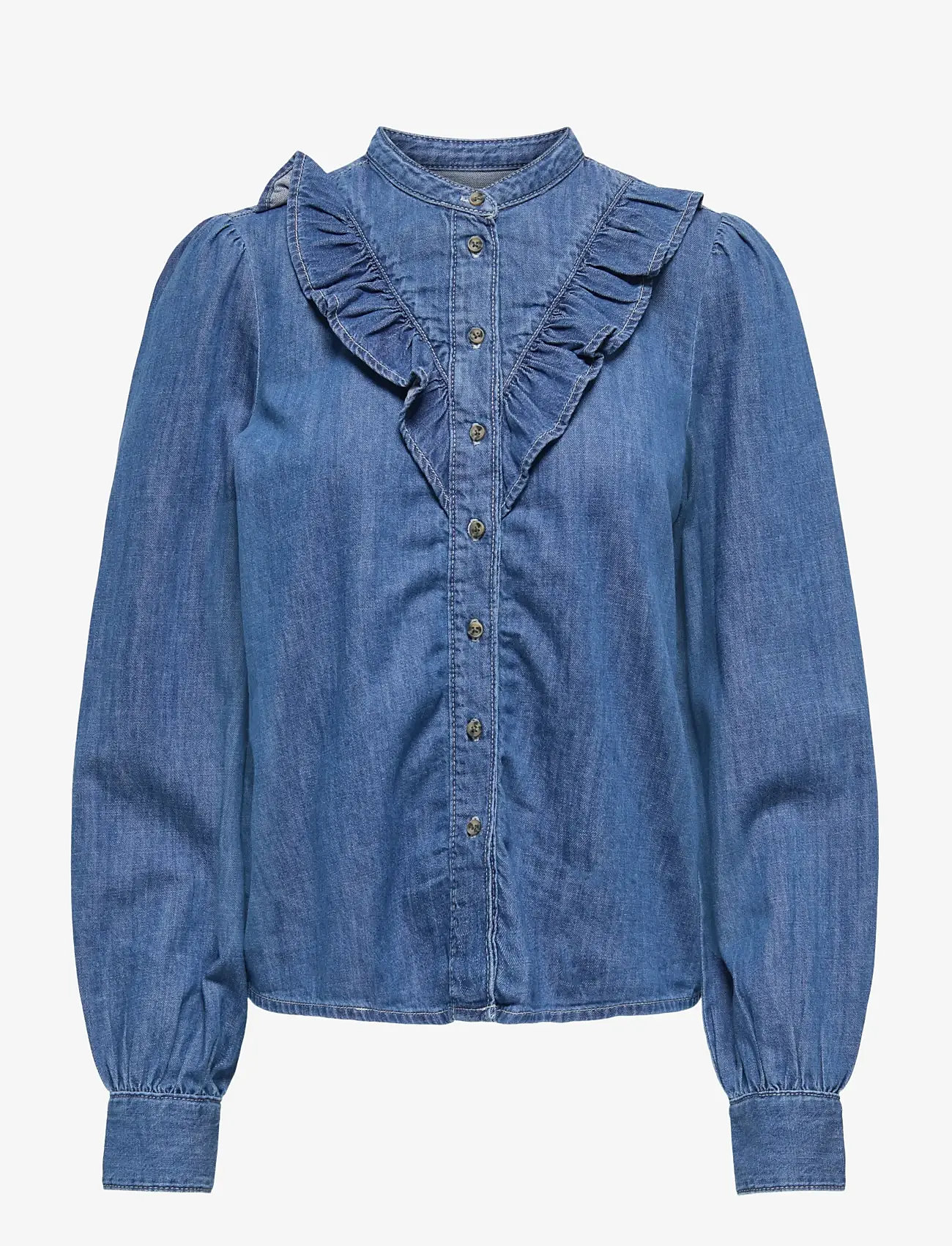 ONLY - ONLDASHA-SEVIGNY L/S FRILL SHIRT DNM AKM - jeansskjortor - medium blue denim - 1