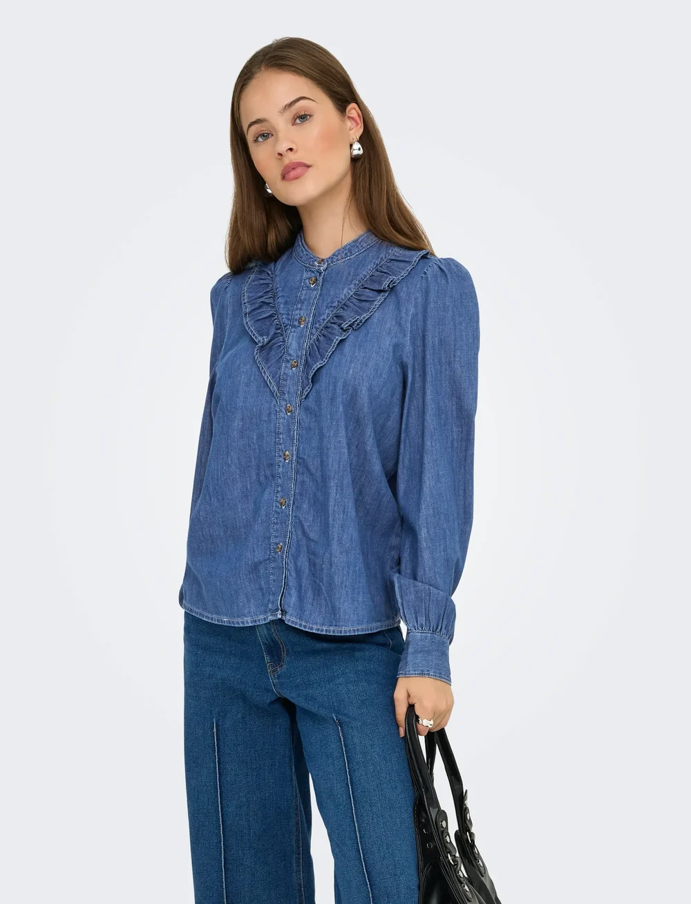 ONLY - ONLDASHA-SEVIGNY L/S FRILL SHIRT DNM AKM - jeansskjortor - medium blue denim - 0