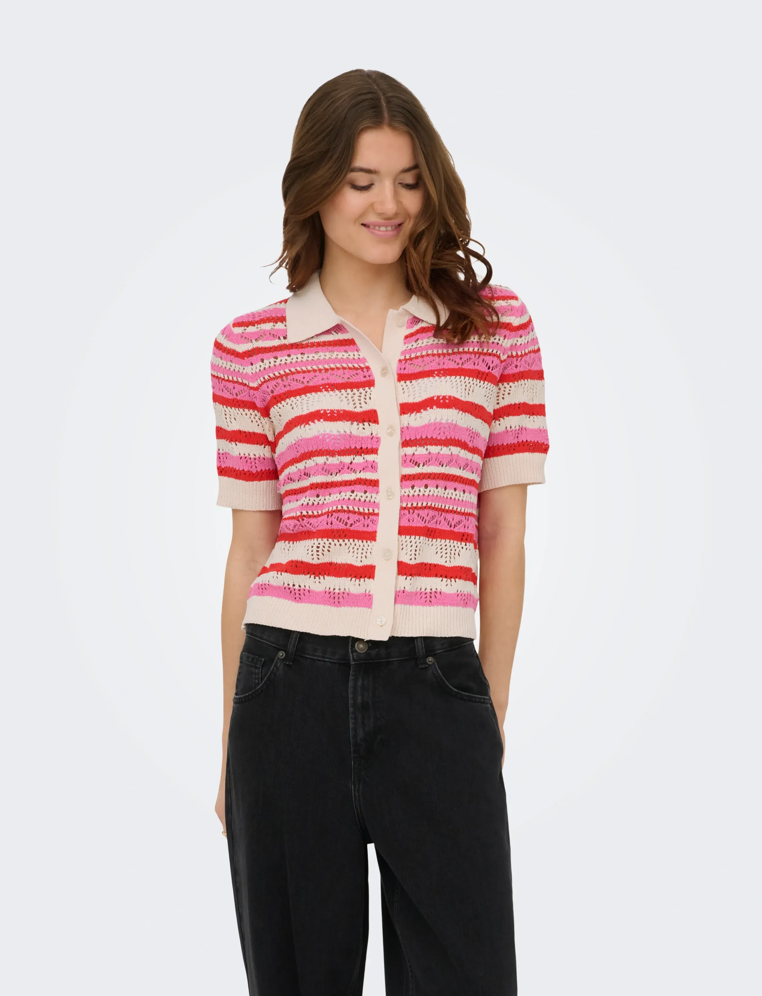 ONLY Onllula Polo S/S Cardigan Knt Noos, XS, Knitwear, Rot - Cardigans, Frauen