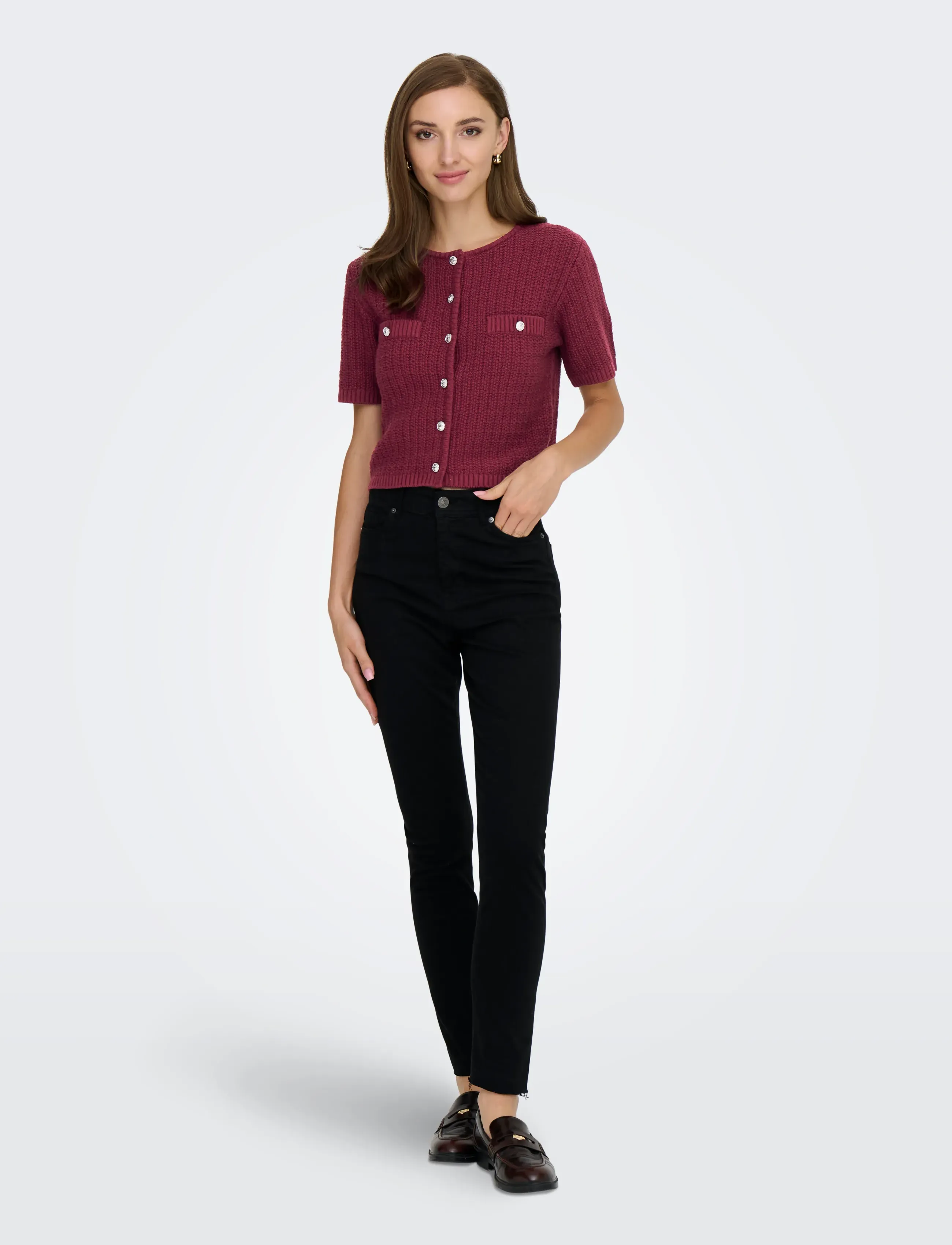 ONLY - ONLKIEL S/S BUTTON CARD KNT MOCH - cabernet - 4
