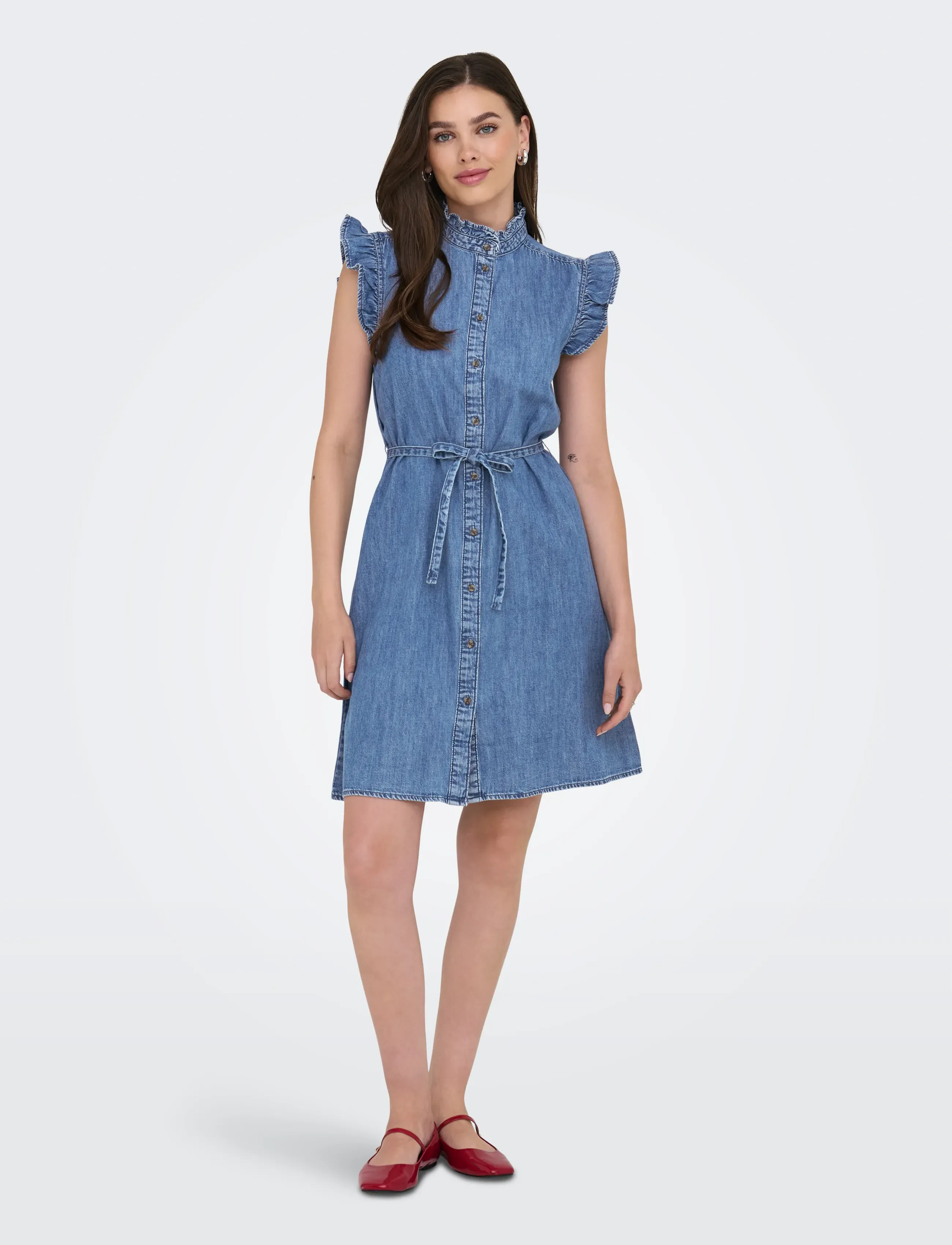 ONLY Onlshania S/L Frill Dnm Dress Akm, XS, Blue, Kjoler > Kort Kjole, Dame