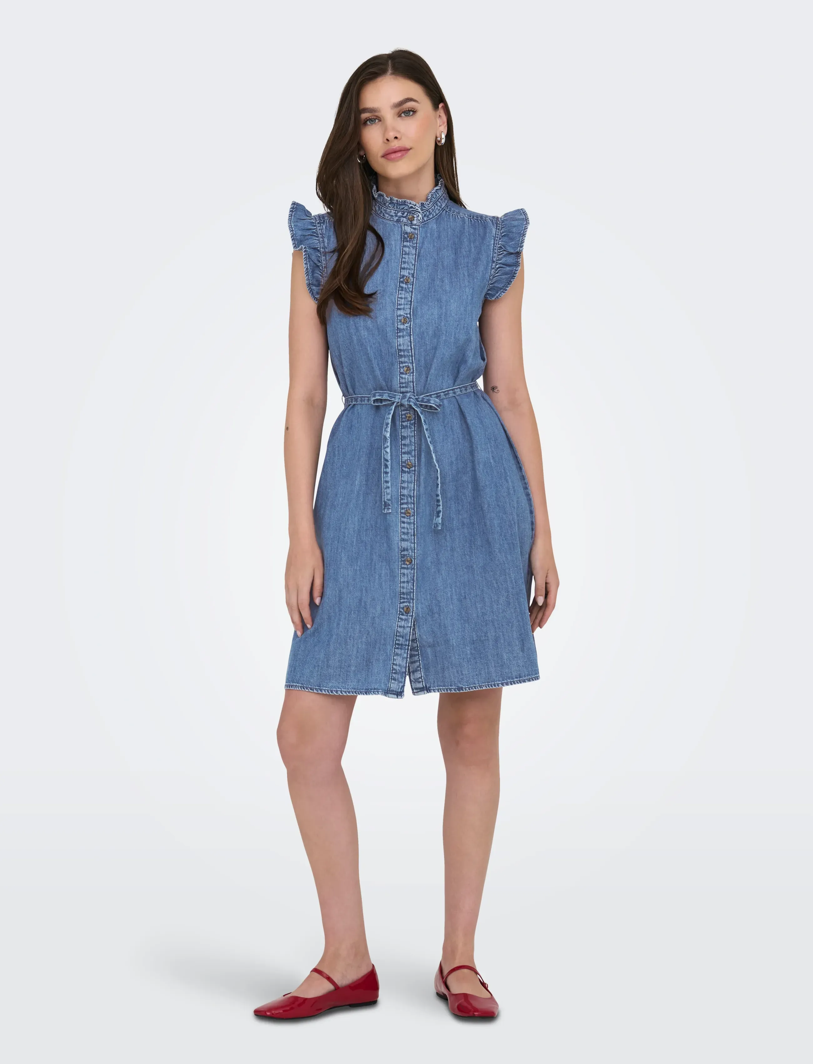 ONLY - ONLSHANIA S/L FRILL DNM DRESS AKM - medium blue denim - 4