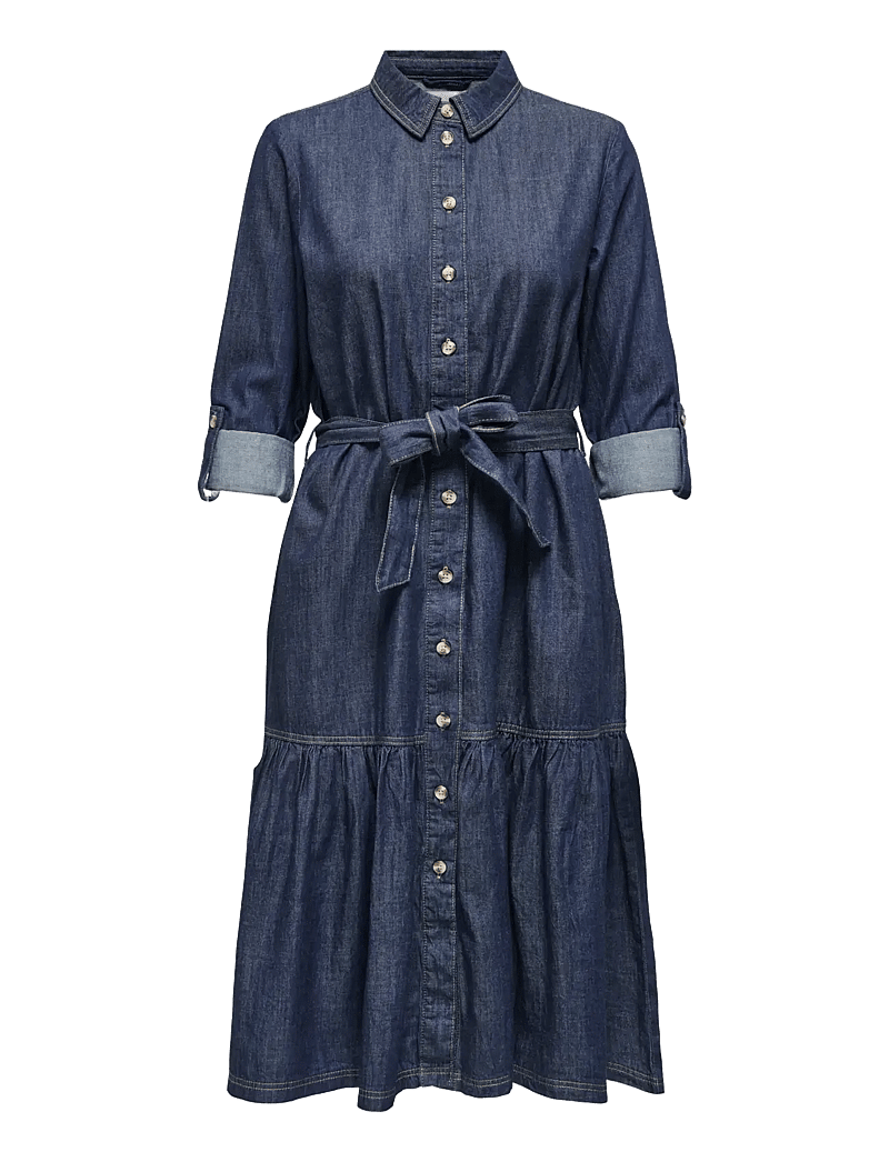 ONLY - ONLSEVIGNY FRILL 3/4 SL LONG DRESS DNM - skjortekjoler - dark blue denim - 1