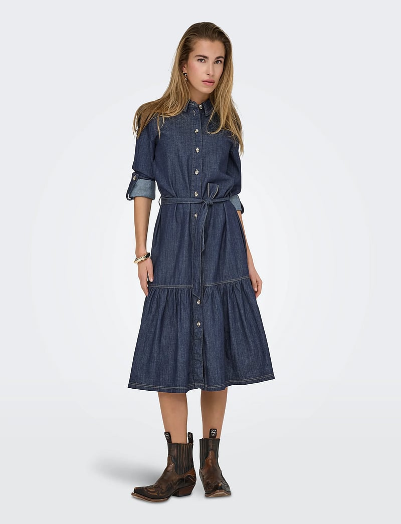 ONLY - ONLSEVIGNY FRILL 3/4 SL LONG DRESS DNM - skjortekjoler - dark blue denim - 0