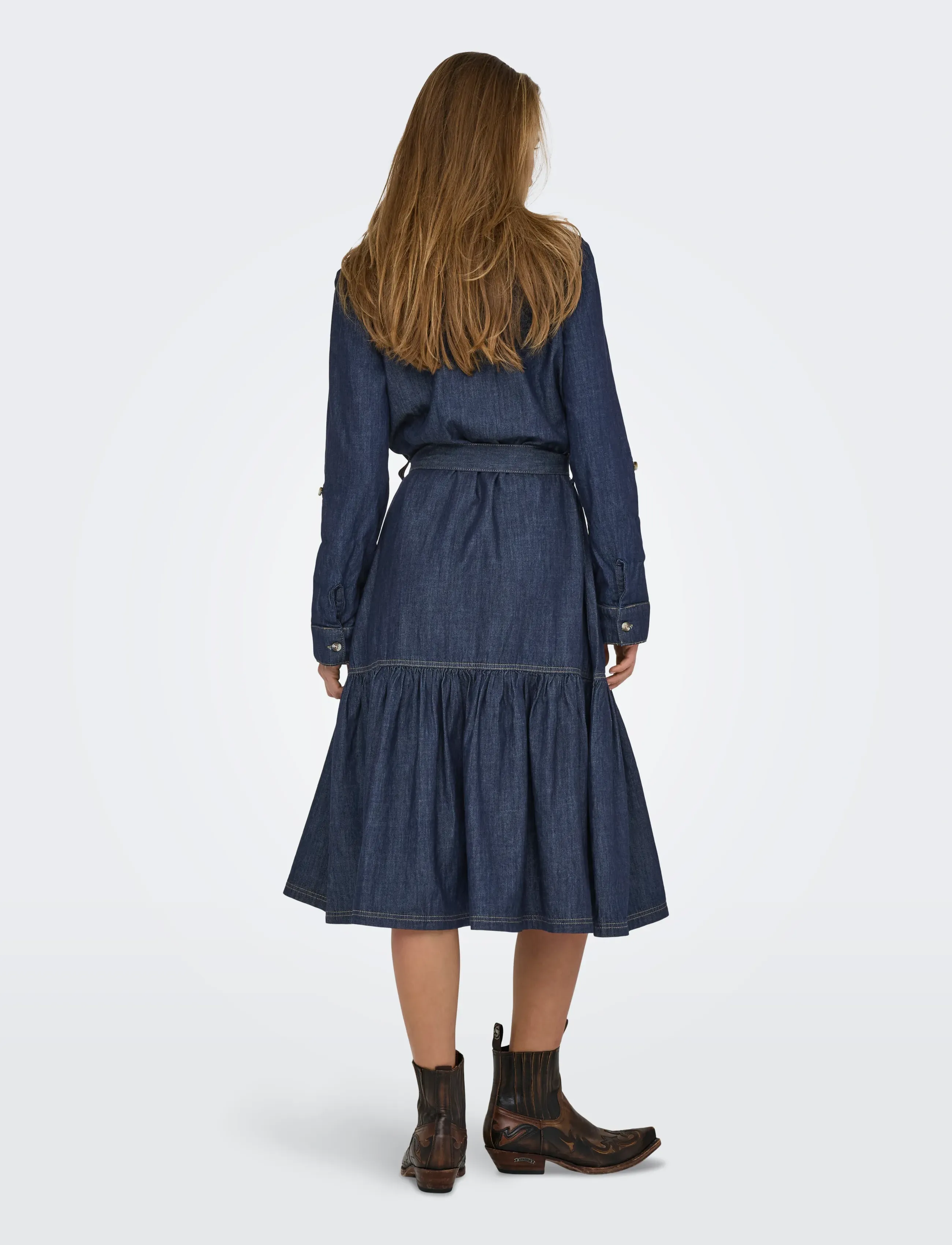 ONLY - ONLSEVIGNY FRILL 3/4 SL LONG DRESS DNM - robes chemises - dark blue denim - 3