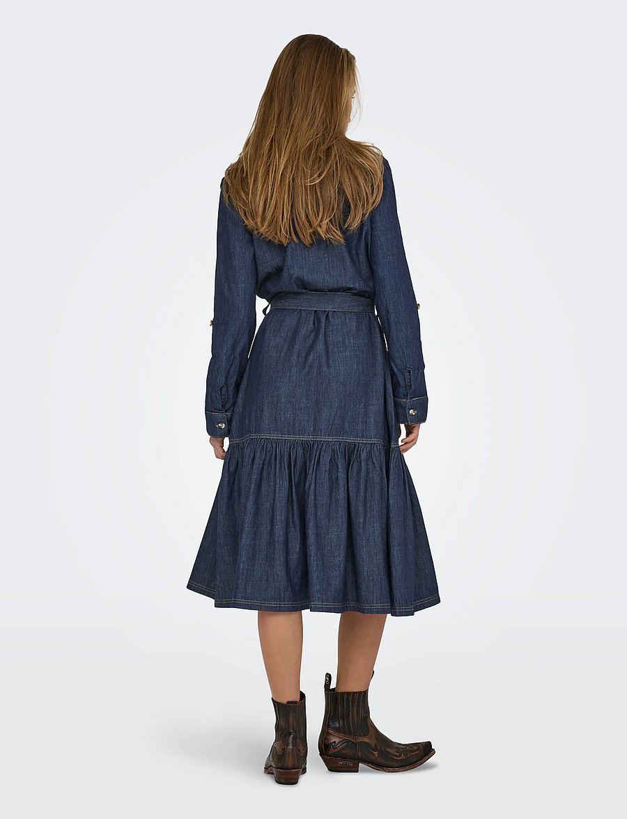 ONLY - ONLSEVIGNY FRILL 3/4 SL LONG DRESS DNM - robes chemises - dark blue denim - 3